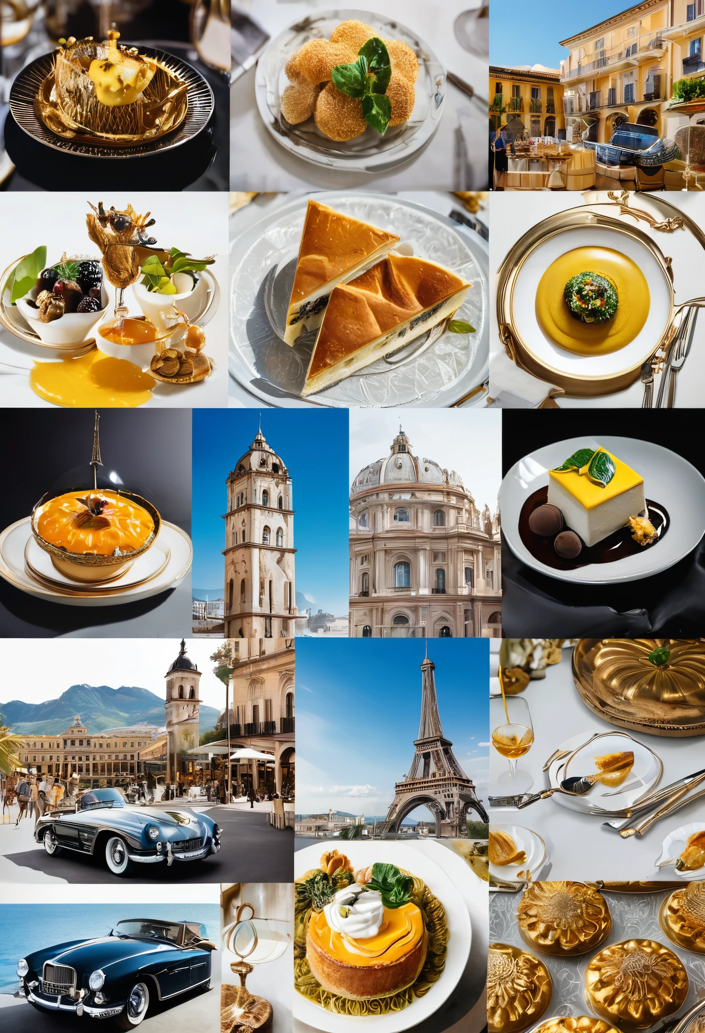 A collage showing images related to luxury, viajes, gourmet gastronomy, moda de alta gama, art and collectibles