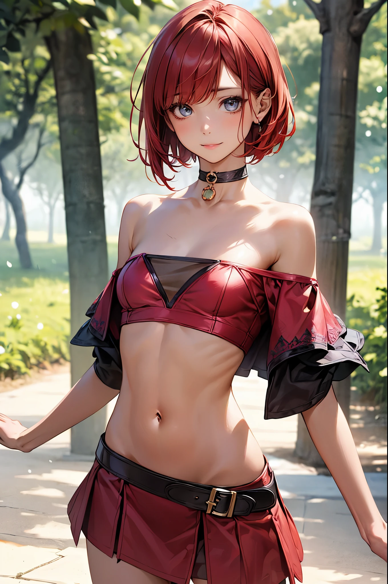 ((perfect anatomy:1.2,realistic,:1.3,RAW Photography:1.3,masterpiece、highest quality、Ultra - High resolution、High resolution、Highly detailed CG、8K)),nsfw,cowboy shot,1 female,alone,20-year-old,beauty of japan,beautiful detailed face and eyes,big and gorgeous eyes,gray eyes,(red hair,short bob hair,bangs), (slender body,small head:1.4, skinny、small breasts), glowing skin,oily skin,(fantasy clothing,white tube top,off shoulder、navel、red micromini skirt,choker),kneeling,riverの水で濡れる、fantasy,fantasy world、tree々、forest、river、medieval europe、natural sunlight、