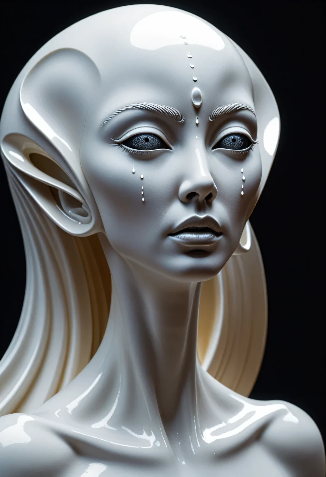 Design of a modern unusual sculpture made of white plaster., the sculpture depicts the face of a beautiful alien woman with an elongated head and large elongated and slanted eyes., the alien&#39;s eyes are full of transparent tears, tears accumulate in the eyes and flow down the alien&#39;s rough cheeks, tears dripping from the alien&#39;s sharp chin, dripping tears turn into stylized red butterflies and fly around., the alien has a beautiful high forehead, part of the sculpture has cracks and chips on the forehead, Modern Art, A high resolution, crying and tears, butterfly tears, butterfly drops, the rough texture of the alien&#39;s mow is shown in detail