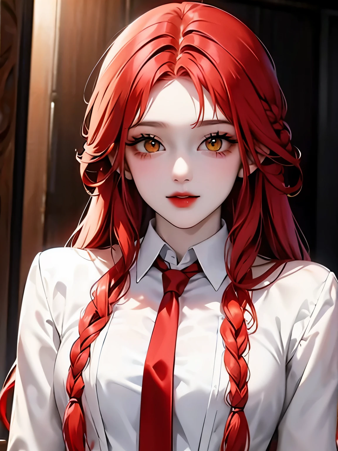 Red_hair yellow_eyes white_shirt necktie formal braid