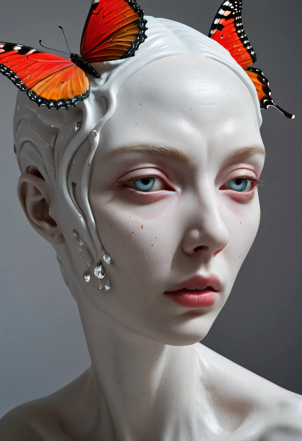 The sculpture is broken and (crying:1.5), Design of a modern unusual sculpture made of white matte plaster., the sculpture depicts the face of a beautiful alien woman with an elongated head with (large elongated and slanted eyes):1.345, (the alien's eyes are full of transparent tears):1.4055), (((слезы накапливаются в глазах и текут down)))over (((rough alien cheeks))) down, Tears are dripping from the alien's sharp chin, (Tears dripping:1.5 turn into stylized red butterflies) and fly apart, the alien has a beautiful (((High forehead))), part of the sculpture has (cracks and chips on the forehead):1.6055), Modern Art, A high resolution, crying and tears, butterfly tears, butterfly drops, the rough texture of the alien's mow is shown in detail