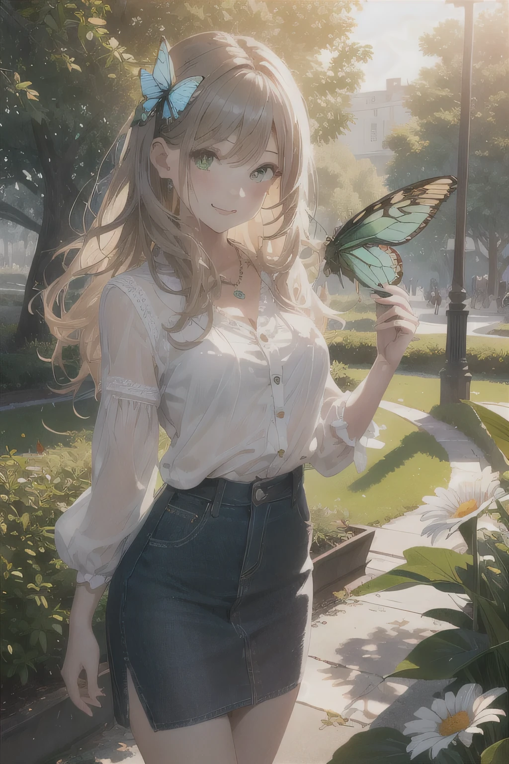 CG, unity, 8k, wallpaper, (masterpiece), (best quality),(1girl:1.3),best lighting, complex pupils, complex textile, detailed background, park, evening, sunny, upper body, from front, smiling, slender, smooth skin, green eyes, white blouse, denim skirt, sandals, necklace, (flower, butterfly, sunbeam),