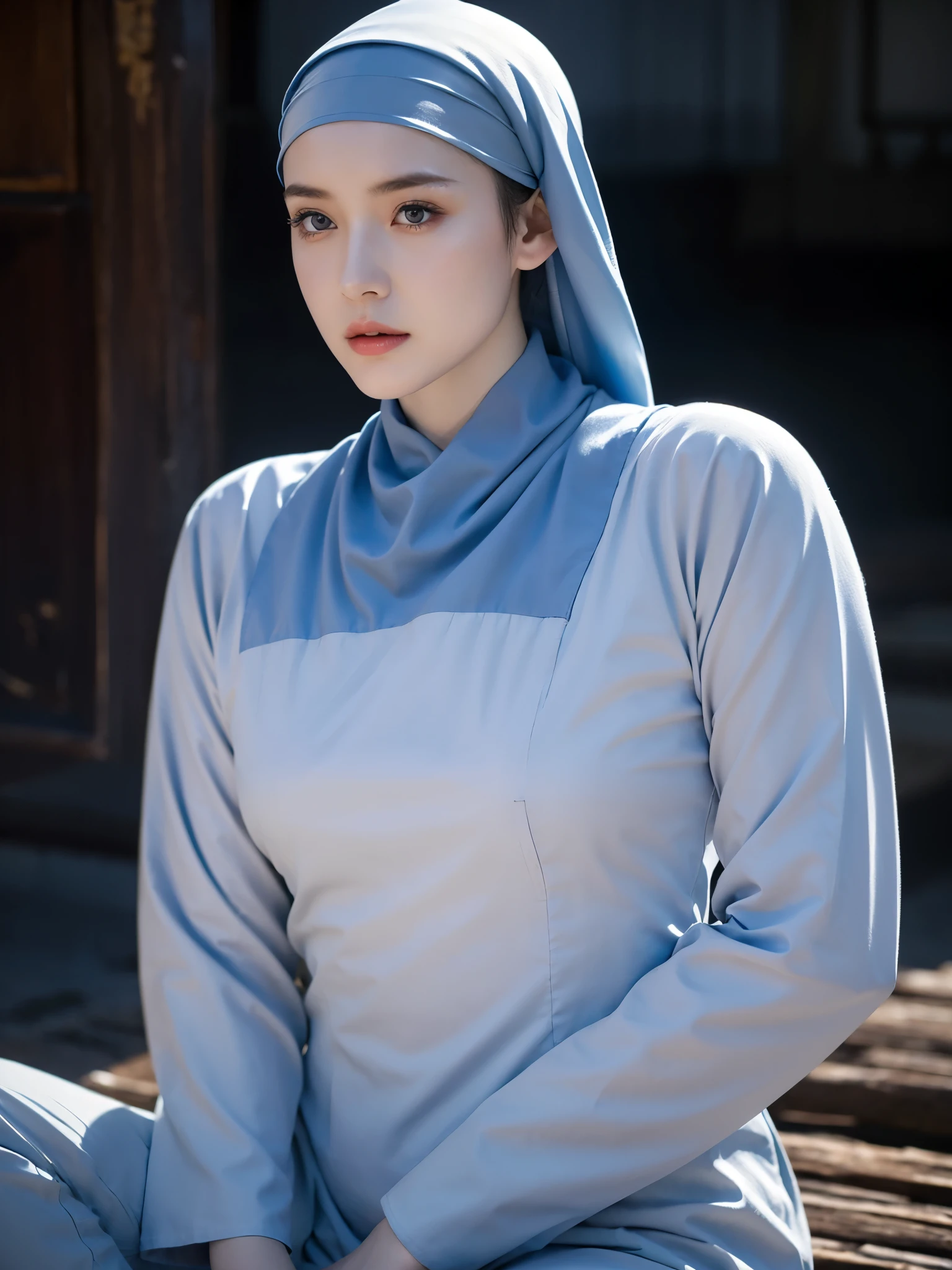 1female, pale skin, gorgeous eyes, wearing a headscarf, wearing blue long sleeve, wearing armor in front of her body, a female warrior inspired from Buddhis monk, dynamic pose, three-quarter body portrait, raw photo, medium format photography 