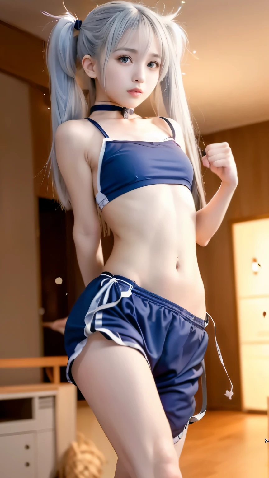 (highest quality, 8K、masterpiece), one girl、(Dojo at night illuminated by small lights:1.8)、(:1.3、baby face:1.gth:1.3、small breasts)、(Smooth long straight hair:1.5、twin tails:1.5、dumpling decoration:1.5、silver hair:1.5)、(Highly exposed thighs:1.3、Good fit、Navel exposed、blue sexy sports outfit:1.5)、(Full body photo:1.5)、(Pose facing the front)、(detailed face:1.3、detailed eyes:1.3、beautiful eyes:1.3、silver eyes:1.8、thin limbs、Well-shaped belly button、slim belly、clear white skin、constricted waist、A hard-working expression:1.5)、(Spinning and kicking:1.5)、(Attach one-point accessories to the thighs)、