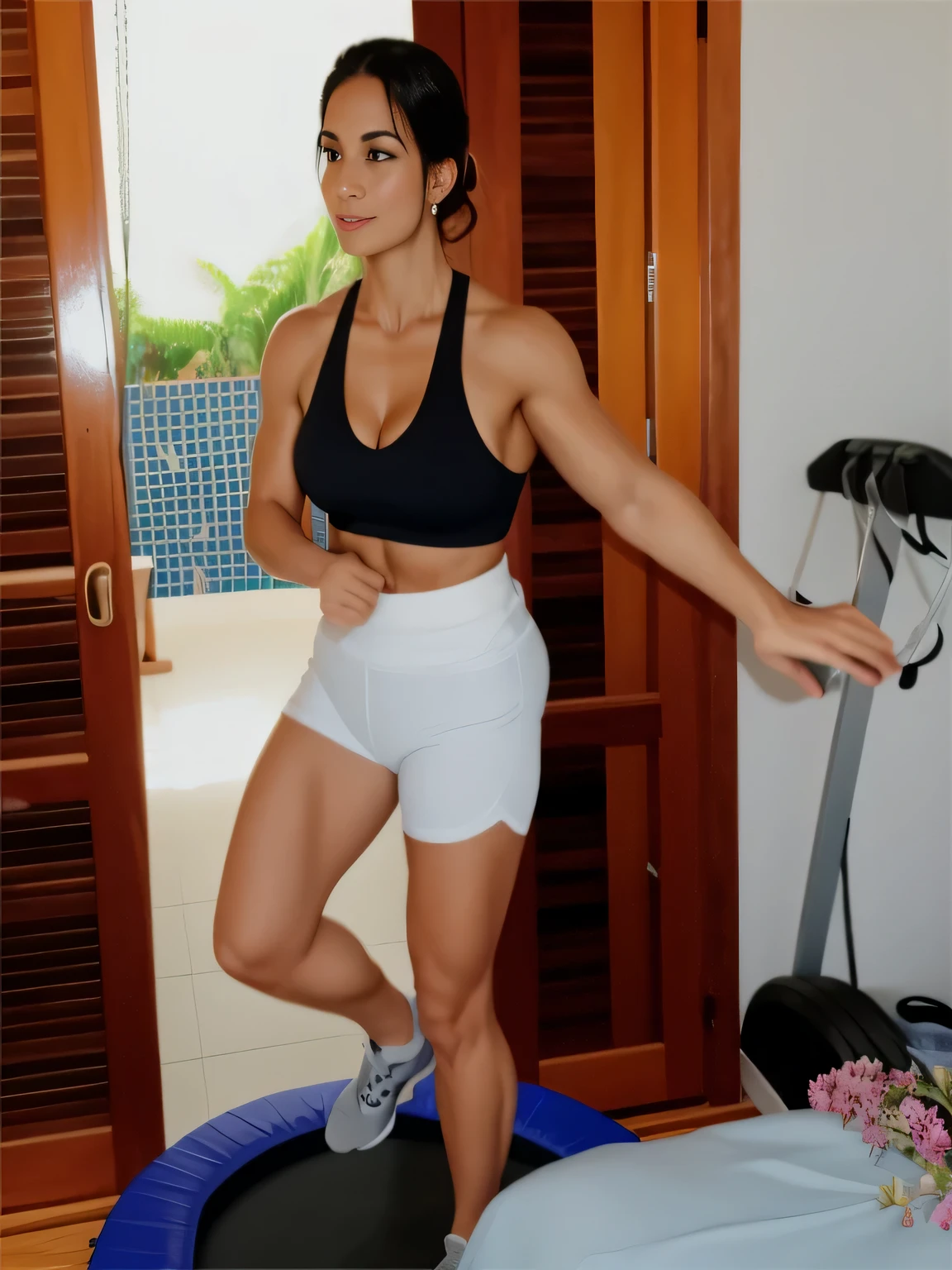 woman in white shorts and black tank top standing on a black and blue trampoline, trabalhando fora, cottagecore!! corpo fitness, mulher corpo perfeito, , sports bra and shorts, saltando, sports bra and dark blue shorts, Physical sports, vestindo uma regata e shorts, mulher fitness, mulher de academia. foto clara, alta qualidade, high resolution, obra-prima, 8k.