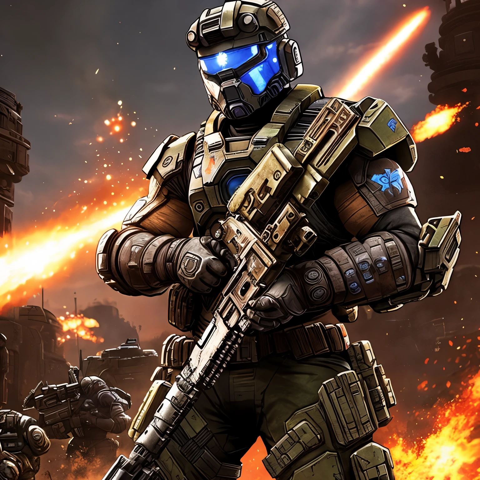 Gears of war soldier(gears of war video game), firing machine gun in the air, halo station in the space sky(halo video game), lilith the siren(borderlands video game)