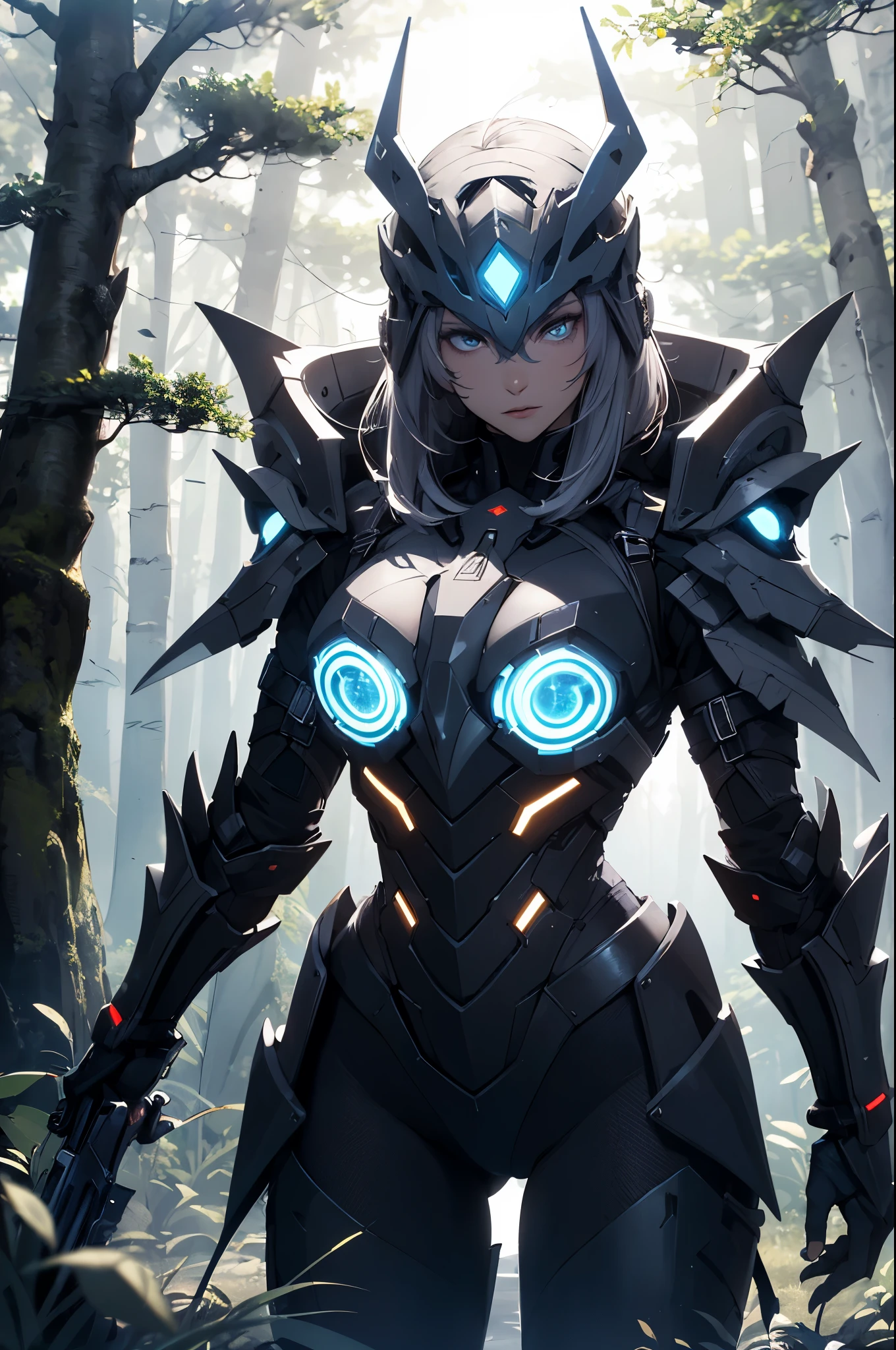 ((Mejor calidad)), ((Obra maestra)), (detallado), perfect face person with weapon and futuristic armor with blue lights in a forest with trees come a cliff with mountains and a huge planet in the sky in a sinister atmosphere 