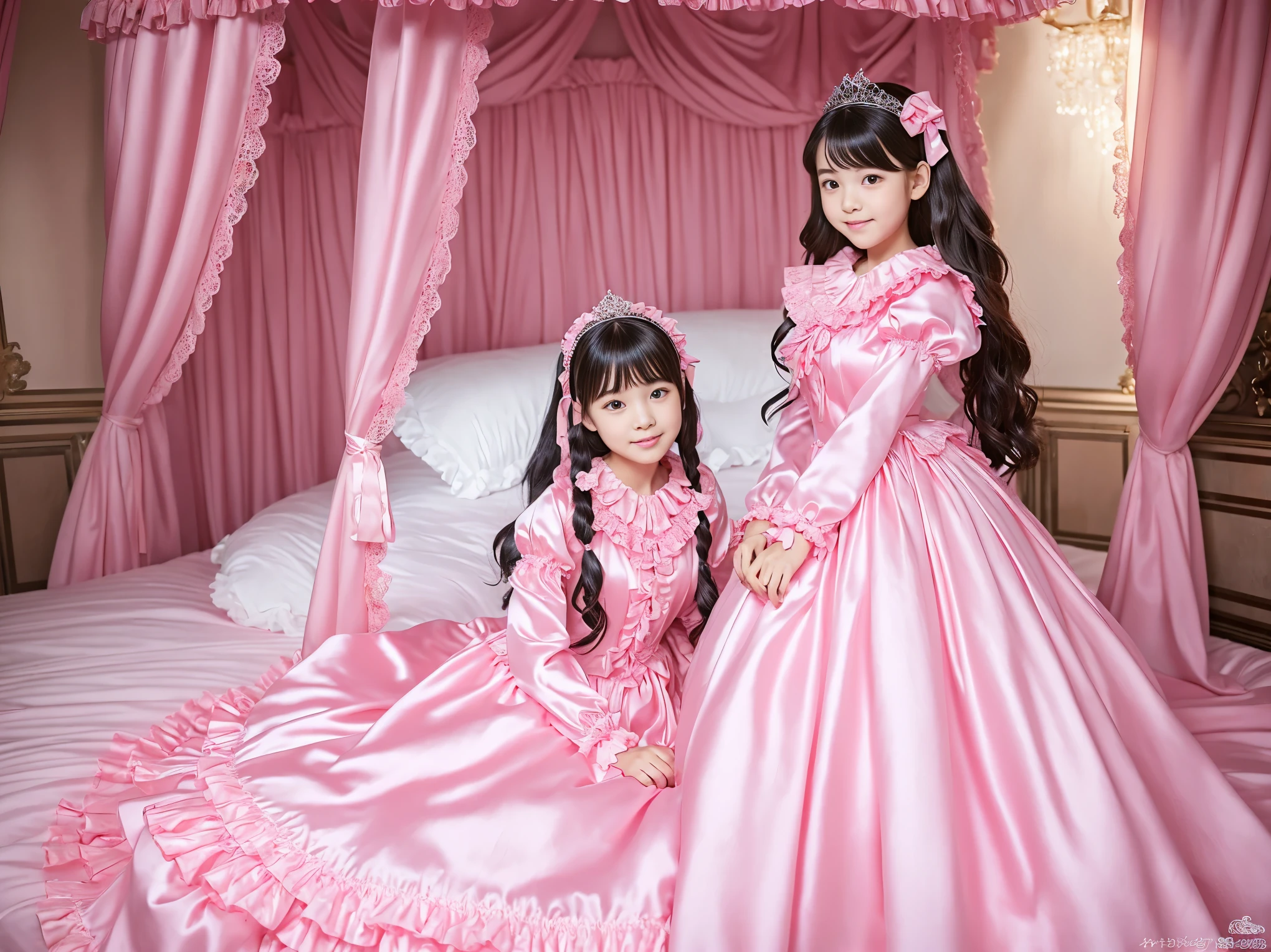 ,highest quality, masterpiece, highest resolution, artwork, super それにget used to it, many get used to it, get used to it, それにget used to it, 3K realistic photos,,((10 year old little girls)),Super detailed baby face,both are princesses,detailed luxury tiara,Full length ball gown dress with hoop skirt,ruffle yoke collar,Detailed braided ribbon at chest,puff sleeves,long sleeve,((lolita style hot pink princess satin dress、Comes with lots of frills and ribbons。)),crazy'colorful fashion,shiny silk satin dress,soft and smooth silk satin fabric,luxury,Very long blonde hair,blue eyes,white skin european,pajamas,((inside the palace)),Princess dancing happily,gorgeous flowing dress,fine white frills and lace,Super long hair that is as tall as your body,white long socks,drawers with lots of frills,castle bedroom at night,Super long flowing hair,on the bed,豪華な天蓋付きon the bed,巨大な広いon the bed,Pink pillow with lots of frills,Silk satin pink curtains with luxurious ruffles and ribbons surround the bed,princess sitting on bed,Pillows piled up behind the princess,Long hair scattered like a fan on the bed,(((Both legs are completely hidden inside the dress))),((((round futon)))),((((A large futon with frills that covers the entire bed)))),detailed comforter,Detailed bed sheets,two people lie on the bed,