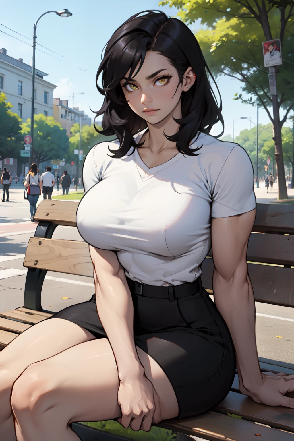 a muscular woman with large breasts sitting on a park bench black hair yellow eyes pale skin