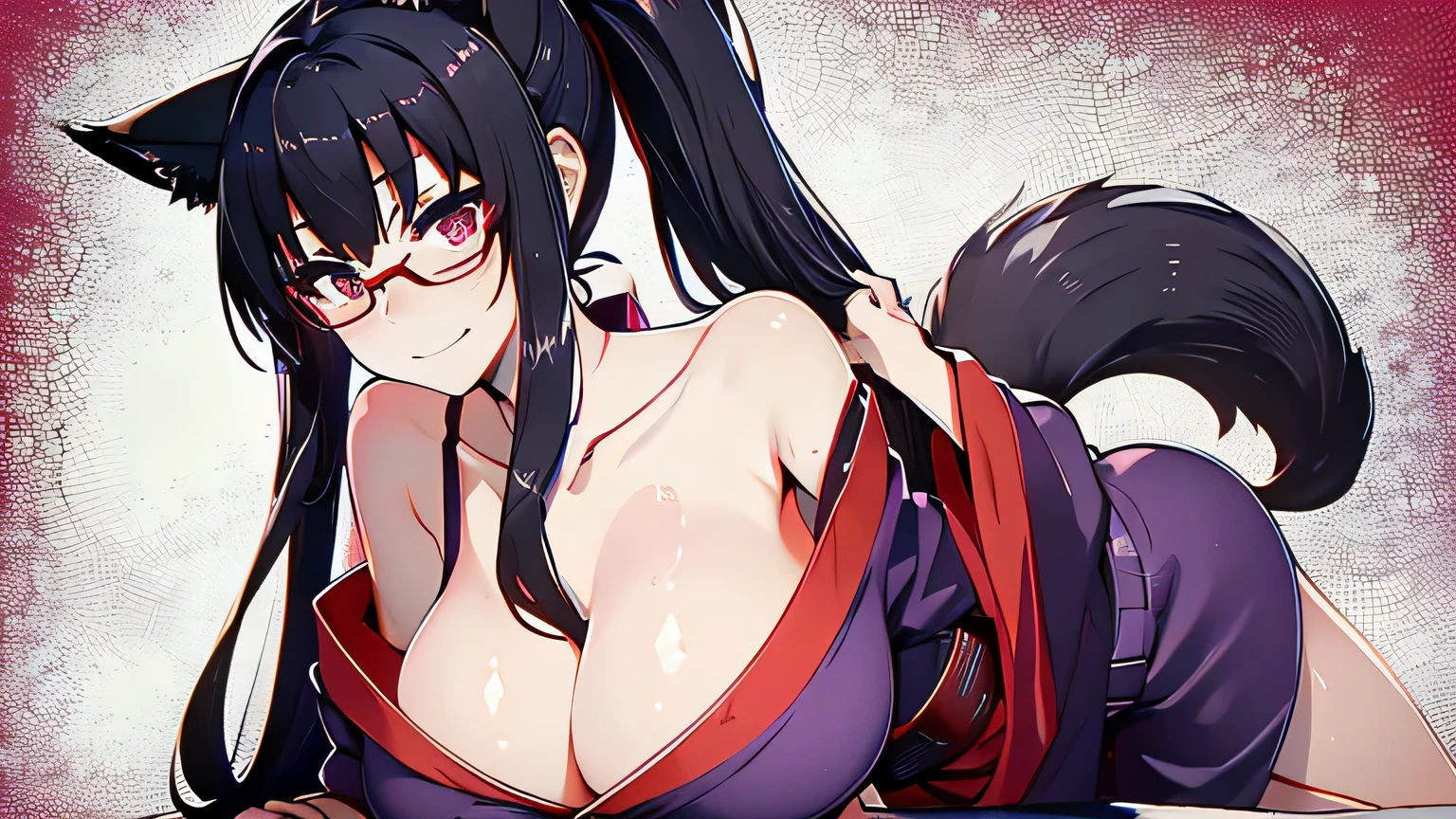 1 girl、alone , greenish black hair、ponytail、big cleavage、fox ears、red eyes、wear glasses、tall purple kimono、red color belt、light purple long hakama、Headphones around the neck、sexy、Charm、Wet、face turns red、far shot , full body