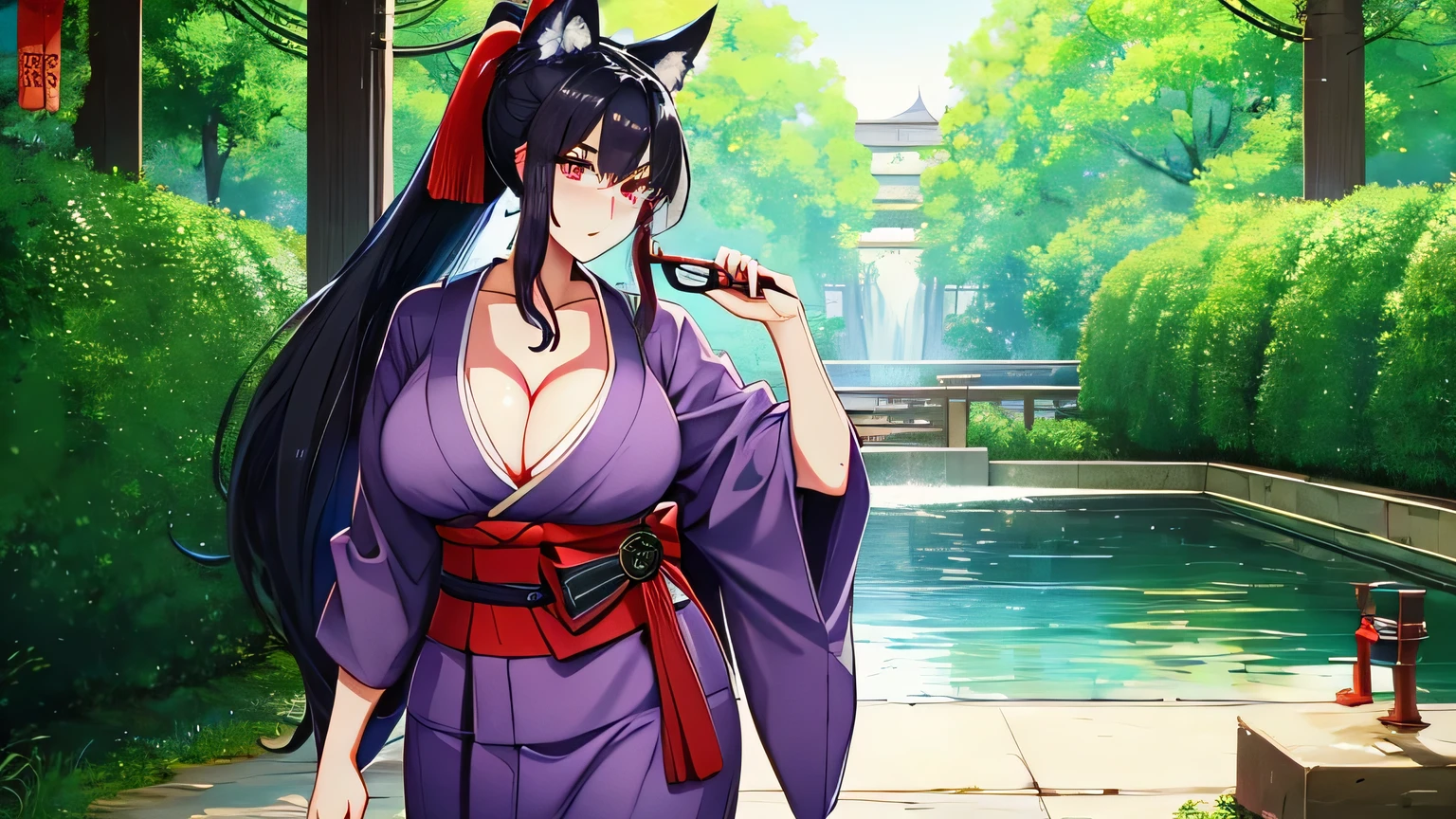 1 girl、alone , greenish black hair、ponytail、big cleavage、fox ears、red eyes、wear glasses、tall purple kimono、red color belt、light purple long hakama、Headphones around the neck、sexy、Charm、Wet、face turns red、far shot , full body