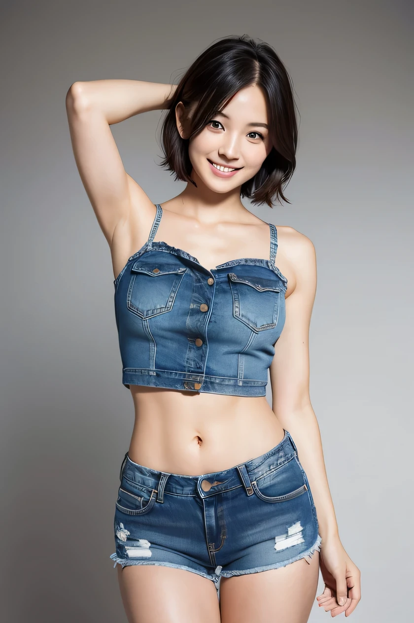 The beauty of 8K raw photos:2.0, short hair, 18years old, great face and dark eyes, looking at the viewer, smile full of joy:1.6, show teeth, dynamic pose, spread leg, (denim shorts:1.2), shinny skin, realistic:1.9, very detailed, High resolution RAW color photos, professional photos, Taken at the studio, plain silver wallpaper, girl sexy portrait