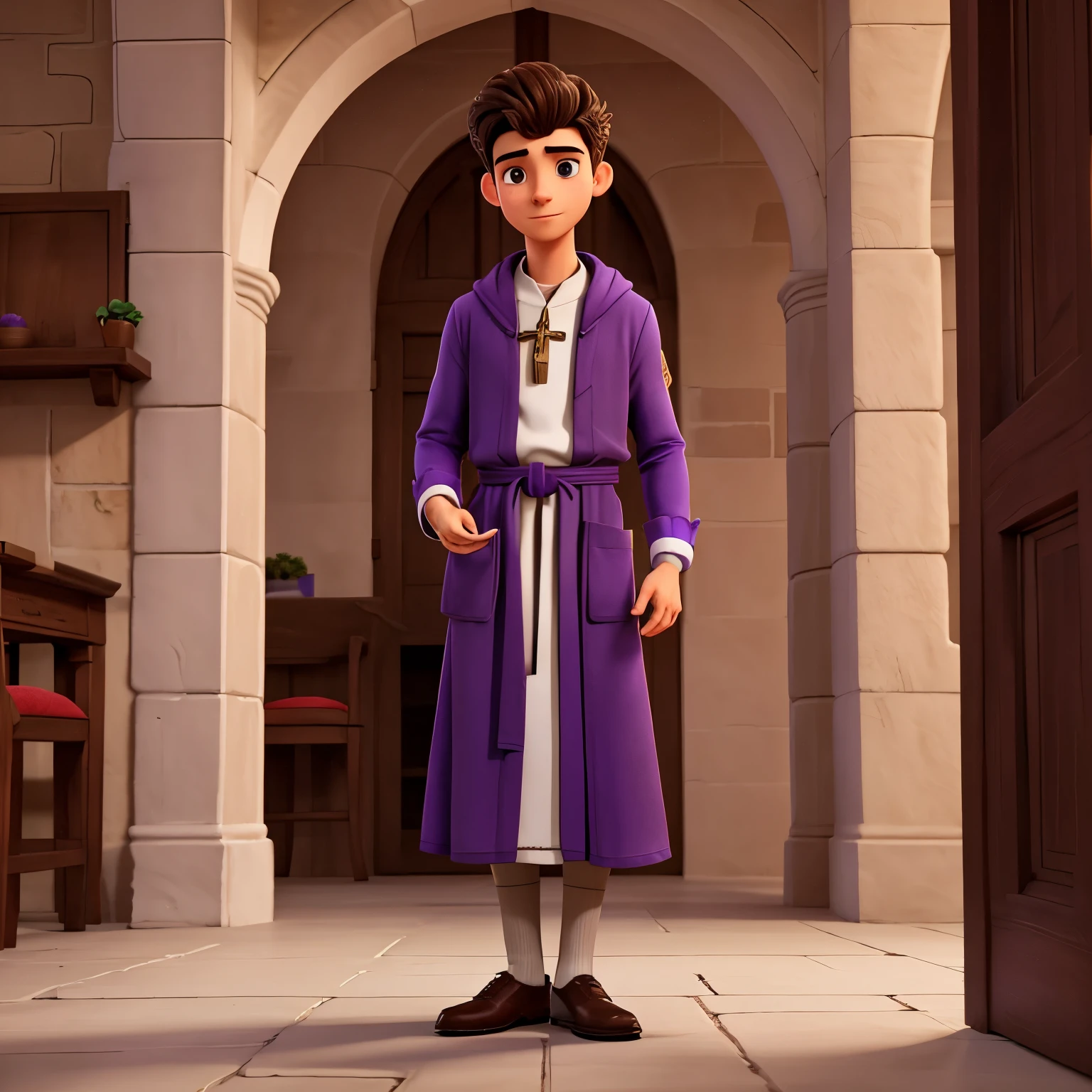 Young priest man 25 years old,Purple Robe,BY COFFEE, Brown eyes,,piel blanca cintura hacia arriba