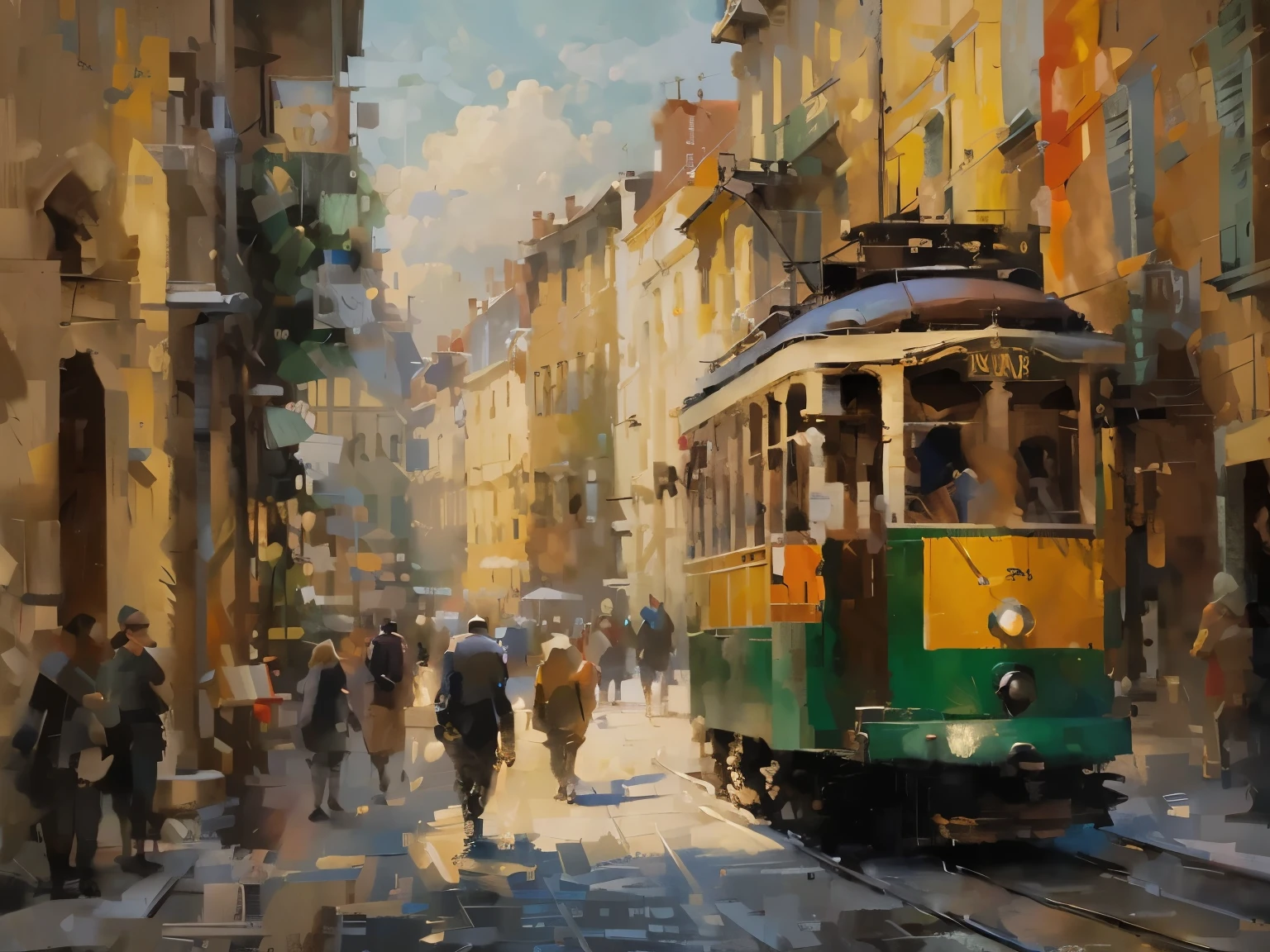 painting of a trolley car on a city street with people walking, by Brian Thomas, street tram, in a oil painting style, by Gabor Szikszai, by Antonio Rotta, by Félix Ziem, tram, by Alfredo Volpi, oil digital painting, by Sigmund Freudenberger, by Géza Mészöly