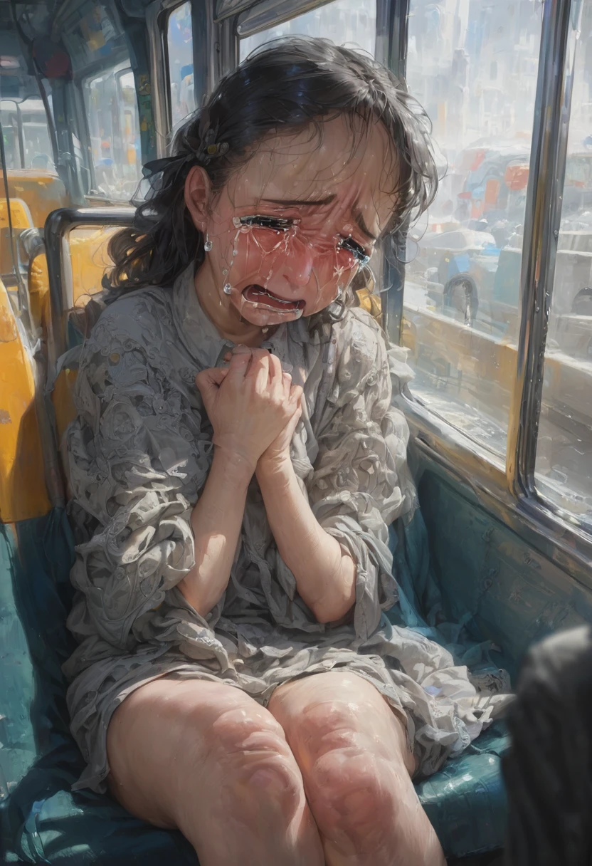 anime realism style, (crying, tears:1.5), sit in bus, best quality, masterpiece, high details, Ultra intricate detailed