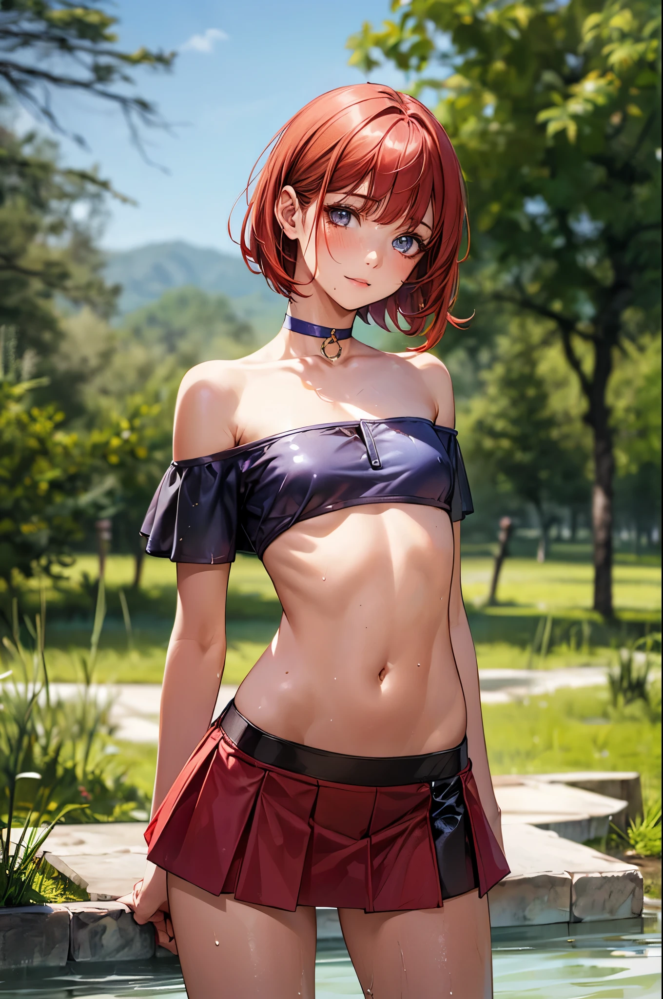 ((perfect anatomy:1.2,realistic,:1.3,RAW Photography:1.3,masterpiece、highest quality、Ultra - High resolution、High resolution、Highly detailed CG、8K)),nsfw,cowboy shot,1 female,alone,20-year-old,beauty of japan,beautiful detailed face and eyes,big and gorgeous eyes,gray eyes,(red hair,short bob hair,bangs), (slender body,small head:1.4, skinny、small breasts), glowing skin,oily skin,wet,(soaked clothes、fantasy clothing,white tube top,off shoulder、navel、red micromini skirt,choker,wet),kneeling,riverの水で濡れる、fantasy,fantasy world、tree々、forest、river、medieval europe、natural sunlight、