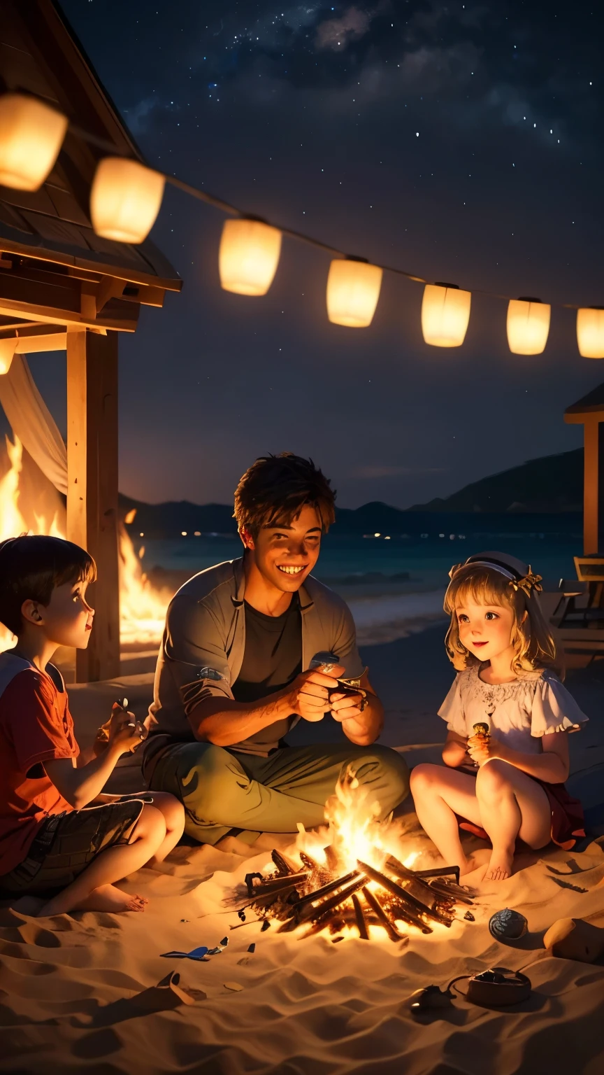 Parents and children sit around a bonfire and eat roasted marshmallows.、Smiling、love、smile,
background:sandy beach at night
(full shot)
"(setting):(best quality),(masterpiece),(detailed),(ultra detailed),(insanely detailed),(ultra-quality),(highly detailed),(FHD)"