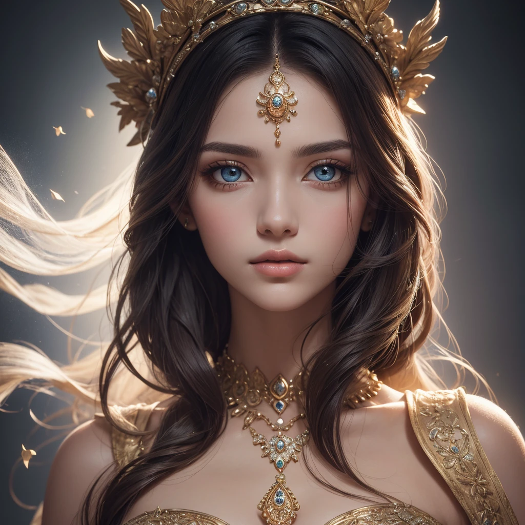 (best quality,ultra-detailed) A goddess with (detailed eyes and face), featuring (beautiful detailed lips) and (flowing hair) stands in a (ethereal atmosphere). Her (divine beauty) is enhanced by the use of (vivid colors) and (soft lighting). This masterpiece captures the essence of a (portrait) as it exudes the utmost (quality) and (detail), showcasing the intricate elements of the goddess's features. The (ultra-detailed) rendering brings out every subtle nuance, from the delicately painted skin to the meticulously crafted hair strands.