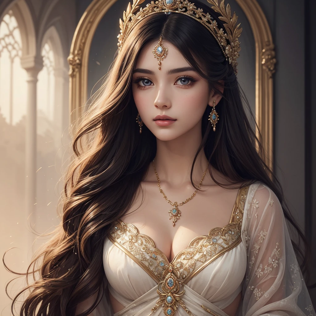 (best quality,ultra-detailed) A goddess with (detailed eyes and face), featuring (beautiful detailed lips) and (flowing hair) stands in a (ethereal atmosphere). Her (divine beauty) is enhanced by the use of (vivid colors) and (soft lighting). This masterpiece captures the essence of a (portrait) as it exudes the utmost (quality) and (detail), showcasing the intricate elements of the goddess's features. The (ultra-detailed) rendering brings out every subtle nuance, from the delicately painted skin to the meticulously crafted hair strands.