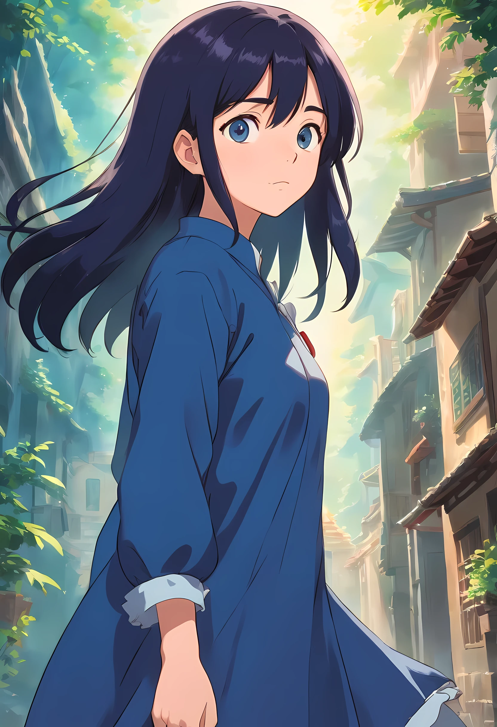 (highest quality, 8K, High resolution, Super detailed:1.2), deep dark blue tone, stand up, girl, 20-year-old, long black hair, messy hairstyle, very beautiful detailed anime face and eyes, Expressive face with intricate and delicate eye details, mouth is slightly open, short dress, twilight,
