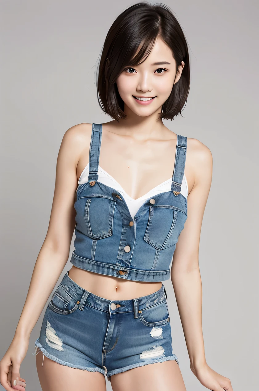 The beauty of 8K raw photos:2.0, very short hair, 18years old, great face and dark eyes, looking at the viewer, smile full of joy:1.6, show teeth, dynamic pose, spread leg, (denim shorts:1.2), shinny skin, realistic:1.9, very detailed, High resolution RAW color photos, professional photos, Taken at the studio, plain silver wallpaper, girl sexy portrait