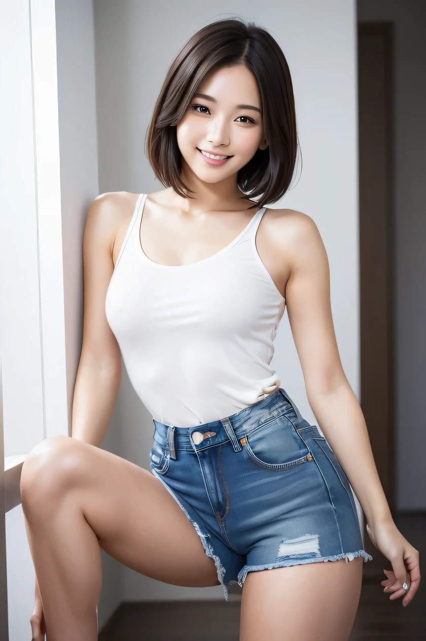 The beauty of 8K raw photos:2.0, very short hair, 18years old, great face and dark eyes, looking at the viewer, smile full of joy:1.6, show teeth, dynamic pose, spread leg, (denim shorts:1.2), shinny skin, realistic:1.9, very detailed, High resolution RAW color photos, professional photos, Taken at the studio, plain silver wallpaper, girl sexy portrait