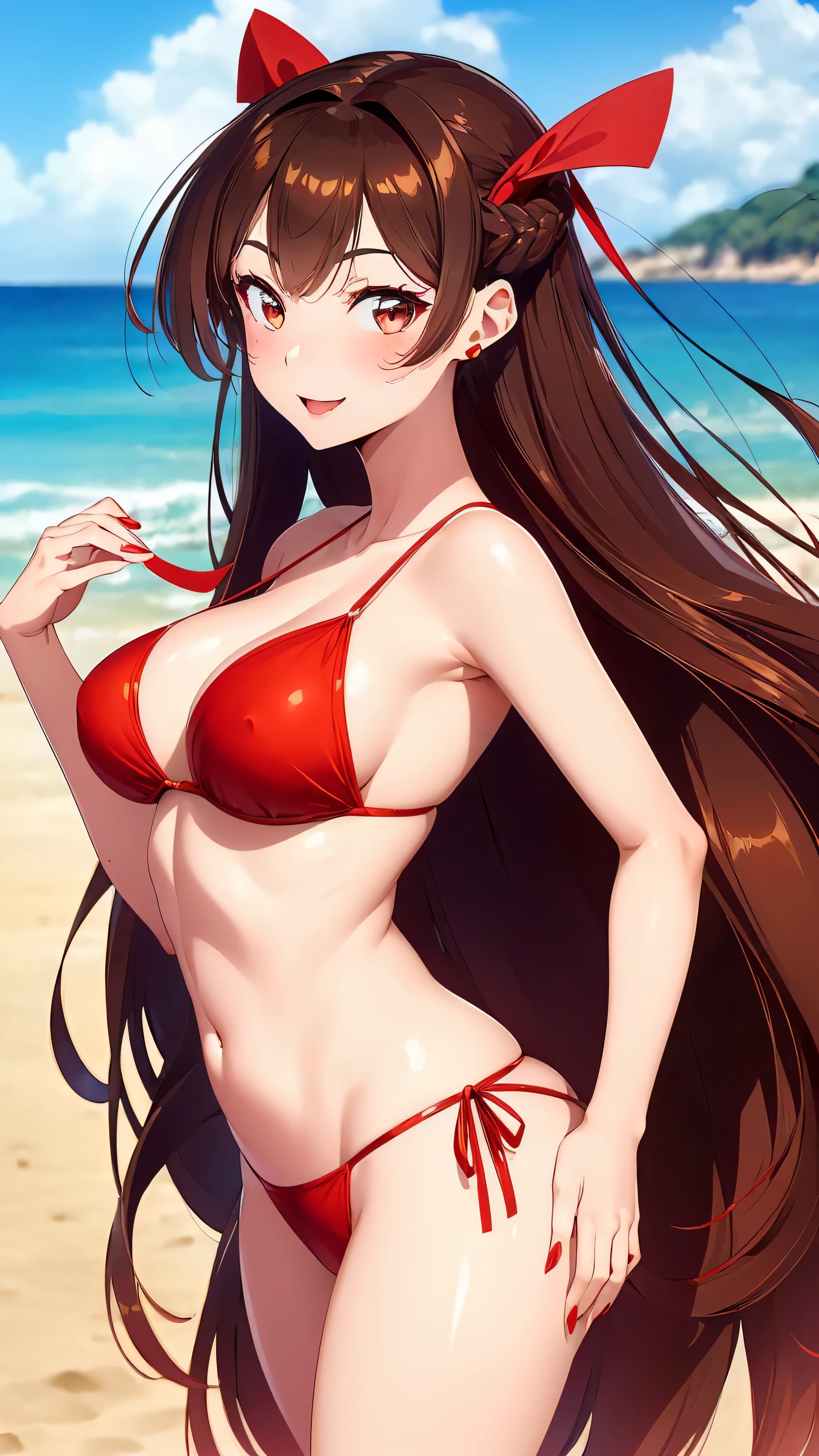 (((beautiful Asian woman))), (((Long brown hair with red ribbon))), (((brown eyes))), wearing a beautiful sexy red bikini, smiling, delicate face, super detailed, 8k, super quality, in the beach, heart earrings, red nails, red lips,