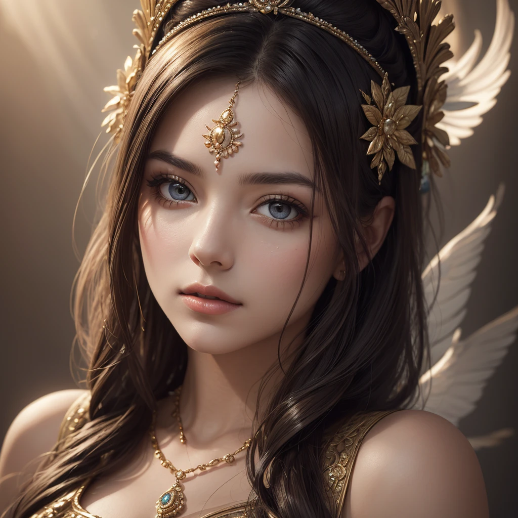 (best quality,ultra-detailed) A goddess with (detailed eyes and face), featuring (beautiful detailed lips) and (flowing hair) stands in a (ethereal atmosphere). Her (divine beauty) is enhanced by the use of (vivid colors) and (soft lighting). This masterpiece captures the essence of a (portrait) as it exudes the utmost (quality) and (detail), showcasing the intricate elements of the goddess's features. The (ultra-detailed) rendering brings out every subtle nuance, from the delicately painted skin to the meticulously crafted hair strands.