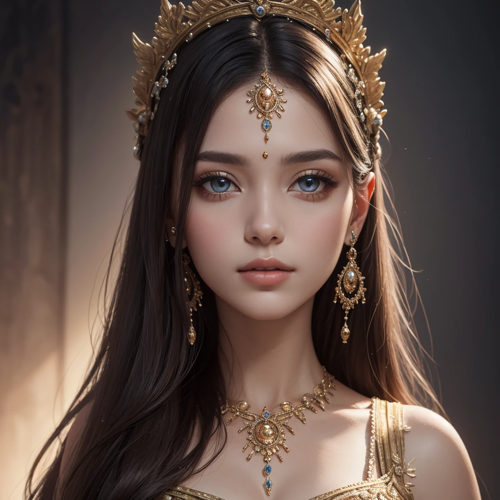 (best quality,ultra-detailed) A goddess with (detailed eyes and face), featuring (beautiful detailed lips) and (flowing hair) stands in a (ethereal atmosphere). Her (divine beauty) is enhanced by the use of (vivid colors) and (soft lighting). This masterpiece captures the essence of a (portrait) as it exudes the utmost (quality) and (detail), showcasing the intricate elements of the goddess's features. The (ultra-detailed) rendering brings out every subtle nuance, from the delicately painted skin to the meticulously crafted hair strands.