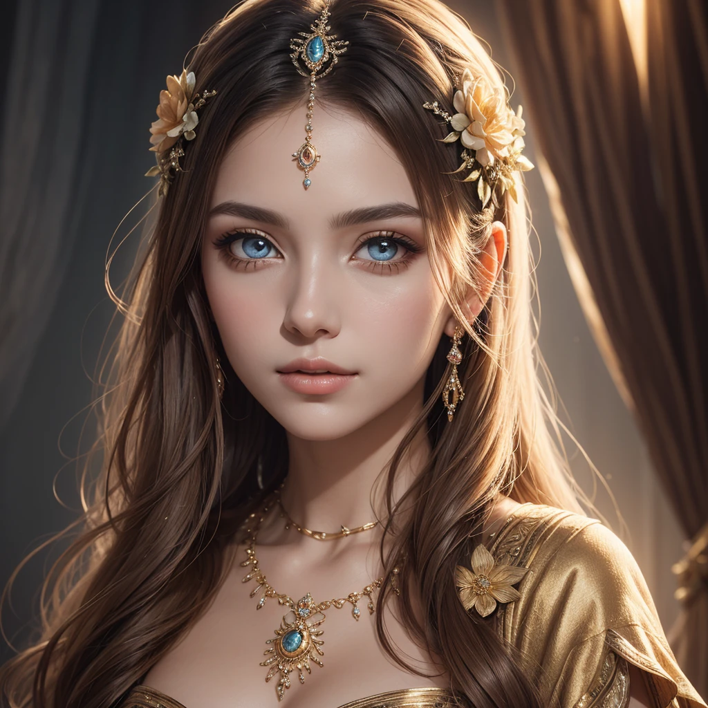 (best quality,ultra-detailed) A goddess with (detailed eyes and face), featuring (beautiful detailed lips) and (flowing hair) stands in a (ethereal atmosphere). Her (divine beauty) is enhanced by the use of (vivid colors) and (soft lighting). This masterpiece captures the essence of a (portrait) as it exudes the utmost (quality) and (detail), showcasing the intricate elements of the goddess's features. The (ultra-detailed) rendering brings out every subtle nuance, from the delicately painted skin to the meticulously crafted hair strands.