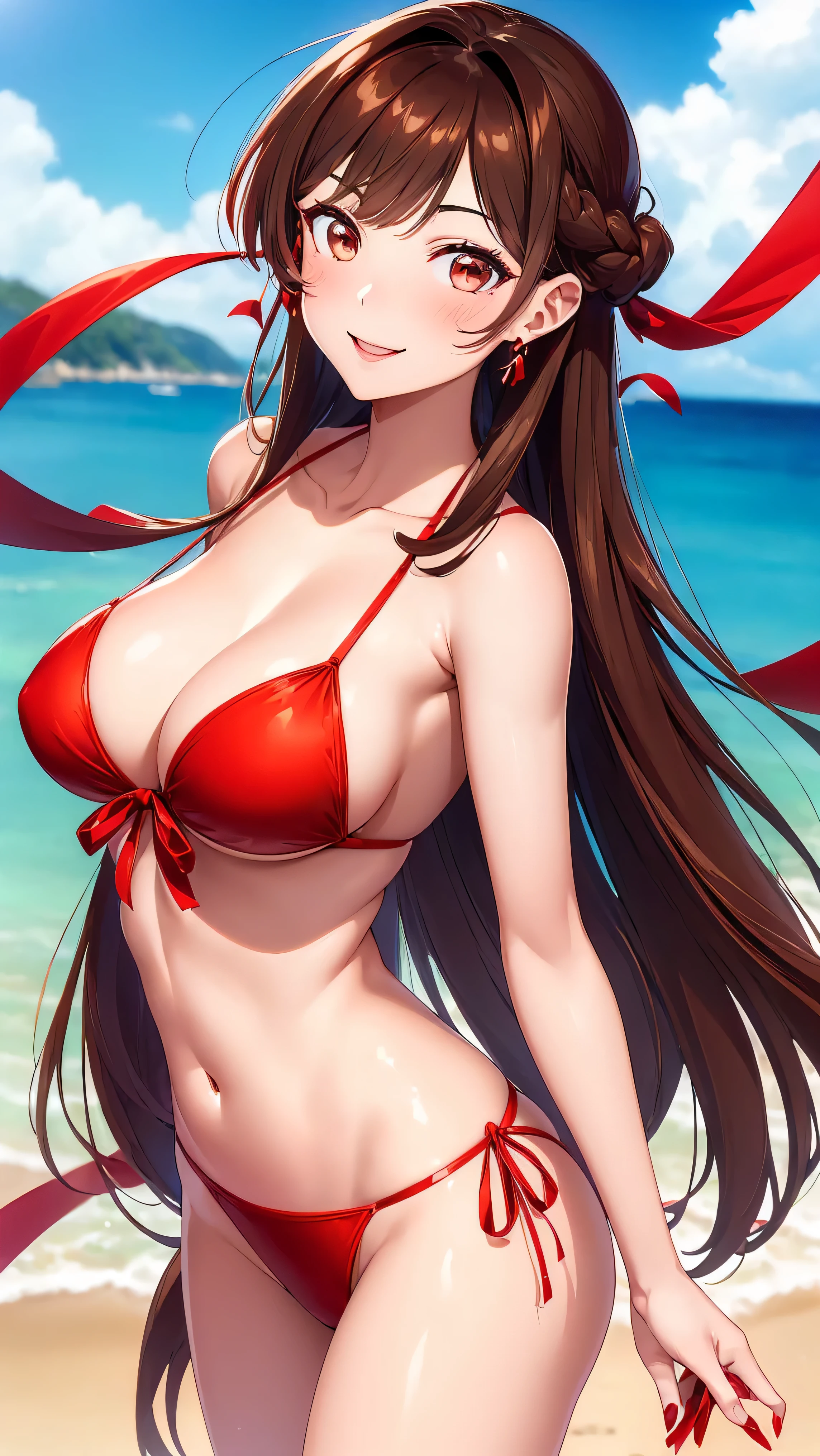 (((beautiful Asian woman))), (((Long brown hair with red ribbon))), (((brown eyes))), wearing a beautiful y red bikini, smiling, delicate face, super detailed, 8k, super quality, in the beach, heart earrings, red nails, red lips,