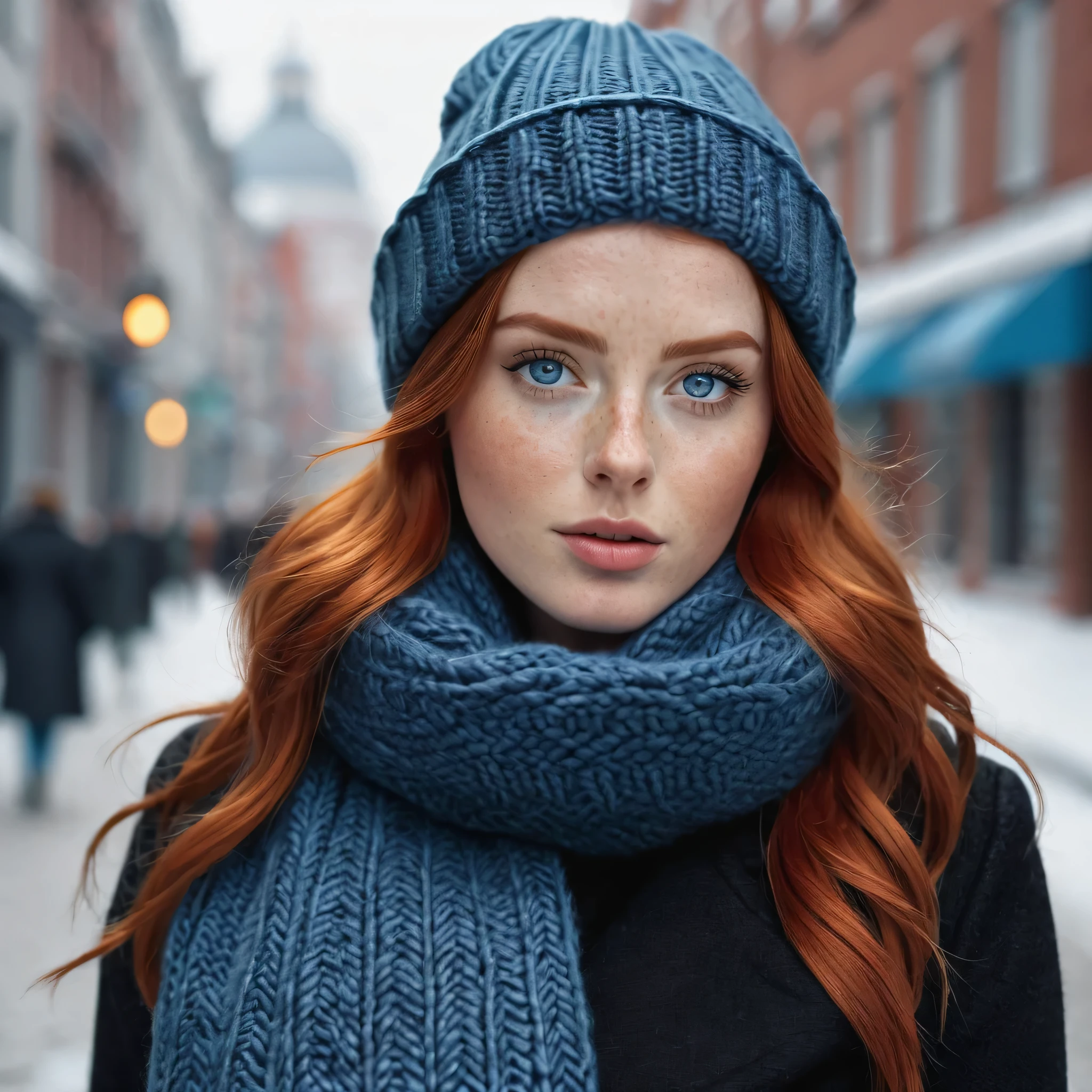 Beautiful woman with fiery red hair and big blue eyes, black knit hat, chic brown winter coat and cozy gray scarf, big , makellose Haut, cute light freckles on her face, Konzentrieren Sie sich auf das Gesicht, Scharfer Fokus, 8k High Definition, ultrarealistisch, hyperrealistisch, In the city during the day, hyperrealistisch skin textures, Full body image