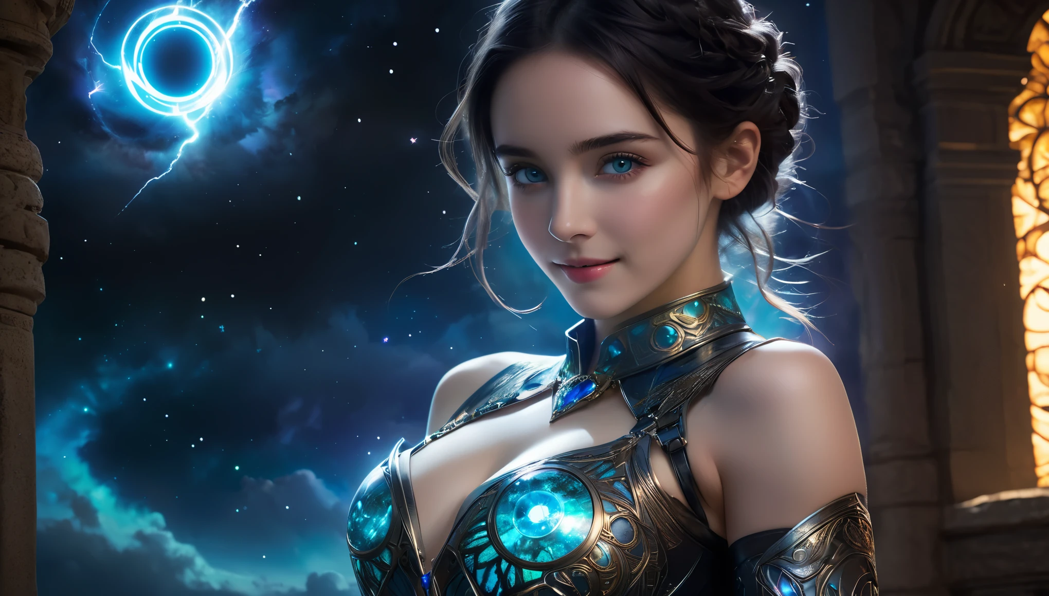 (1 beautiful teenage Italian girl),(wears iridescent bodysuit with beautiful fractal or marble design:1.5),(She wears gauntlets with a detailed and very beautiful design decorated with jewels:1.6), ((Shie is showing her armpits:1.6)), (erotic pose:1.6), (model pose:1.6), incredibly spectacular scene, ((high quality)), ((fantasy)), blue plasma brain, green plasma body, obscene, average, (despicable:1.2), (immoral:1.2), (Small breasts with beautifully raised pink areolas:1.5), (expression of ecstasy:1.2), hyper realistic photo, official art, Unity 8K Wallpaper, 8K portrait, high quality, very high resolution, (incredibly beautiful nature background:1.6), (18-year-old:1.5), (sexy and glamorous:1.1), (coquettish expression:1.6), (smile seductively:1.6), beautiful seductive face, portrait, (thick eyebrows:1.4), (big scarlet eyes:1.6), Beautiful eyes with high bilateral symmetry, (highly detailed eyes:1.4),(highly detailed face and eyes:1.7), (High resolution red eyes:1.8),  (Super detailed skin texture:1.4), super detailed pale skin, perfect anatomy, thin, (Beautiful muscular toned body:1.6), highly detailed jet black hair,  (moist skin:1.2), no makeup, (Bear:1.1), excellent anatomy, Focus plane, good looking, (emilia clarke:0.1) (emma watson:0.3),(jennifer connelly:0.24),  (A delicately crafted necklace is wrapped around her neck), (Bioluminescence with a brilliant glow:1.4), (Shining magic circle:1.5), ruins of an ancient castle, Shining majestic clouds and sky, lightning, spectacular realistic, (greg latkowski:0.8), (teal and orange:0.4), (art station:1.5), cinematic, (NSFW:1.6), dramatic light, (intricate details:1.1),Milky Way, (nebula:1.6), dark Knight, Focus on fully armored body