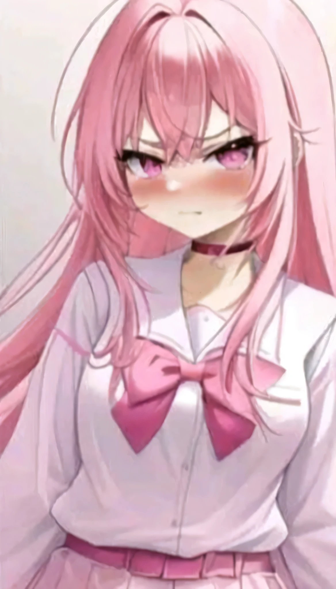one girl、long twin tails、(pink hair:1.1)、pink eyes,normal breasts,cute face、cute anime illustration、Tsundere、clear eyes、nice、Black hair fastening、,School uniform、of joy、School、upper grade、Composition looking down from above、double teeth、blush all over the face