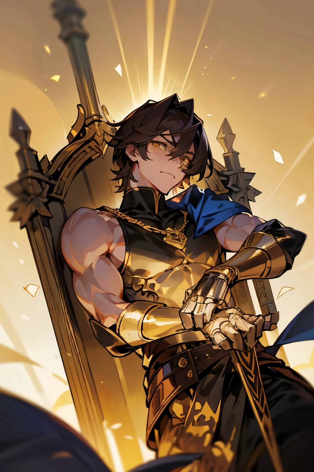 1 male, male character, handsome man, mature hot man, fate grand order, Create a landscape artwork featuring Ozymandias from Fate/Grand Order sitting on his throne, basking in the golden sunlight. Render him from a bottom to top perspective, looking down at you condescendingly, golden chain around his neck shaped like a long rope, side view, black mock neck tank top, The dynamic lighting should emphasize the warmth of the setting, the glow of the roayl egyptian palace. tan skin, dark brown hair with 3 point bangs, ahegao, hair is relatrively long for a man, yellow eyes