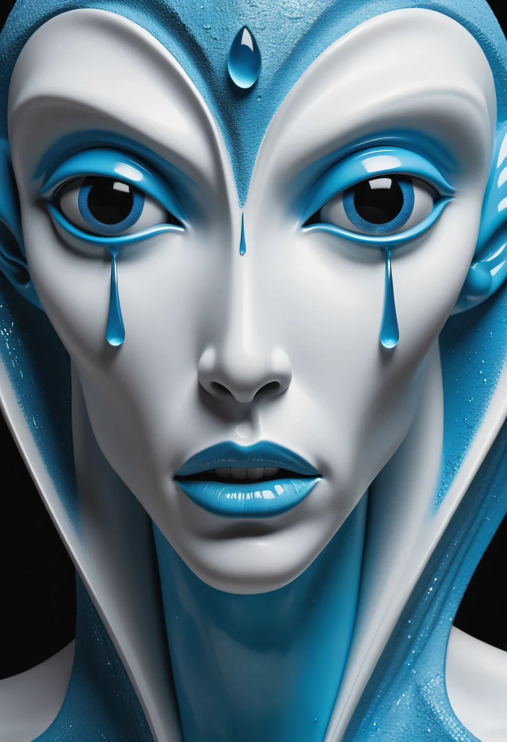 Design of an unusual white plaster sculpture.., the sculpture depicts the face of an alien with an elongated head and very large, sharp eyes, the alien&#39;s eyes are full of tears, alien crying, tears flow down his cheeks in azure streams and drops, Modern Art, A high resolution, crying and tears, plaster and silver,