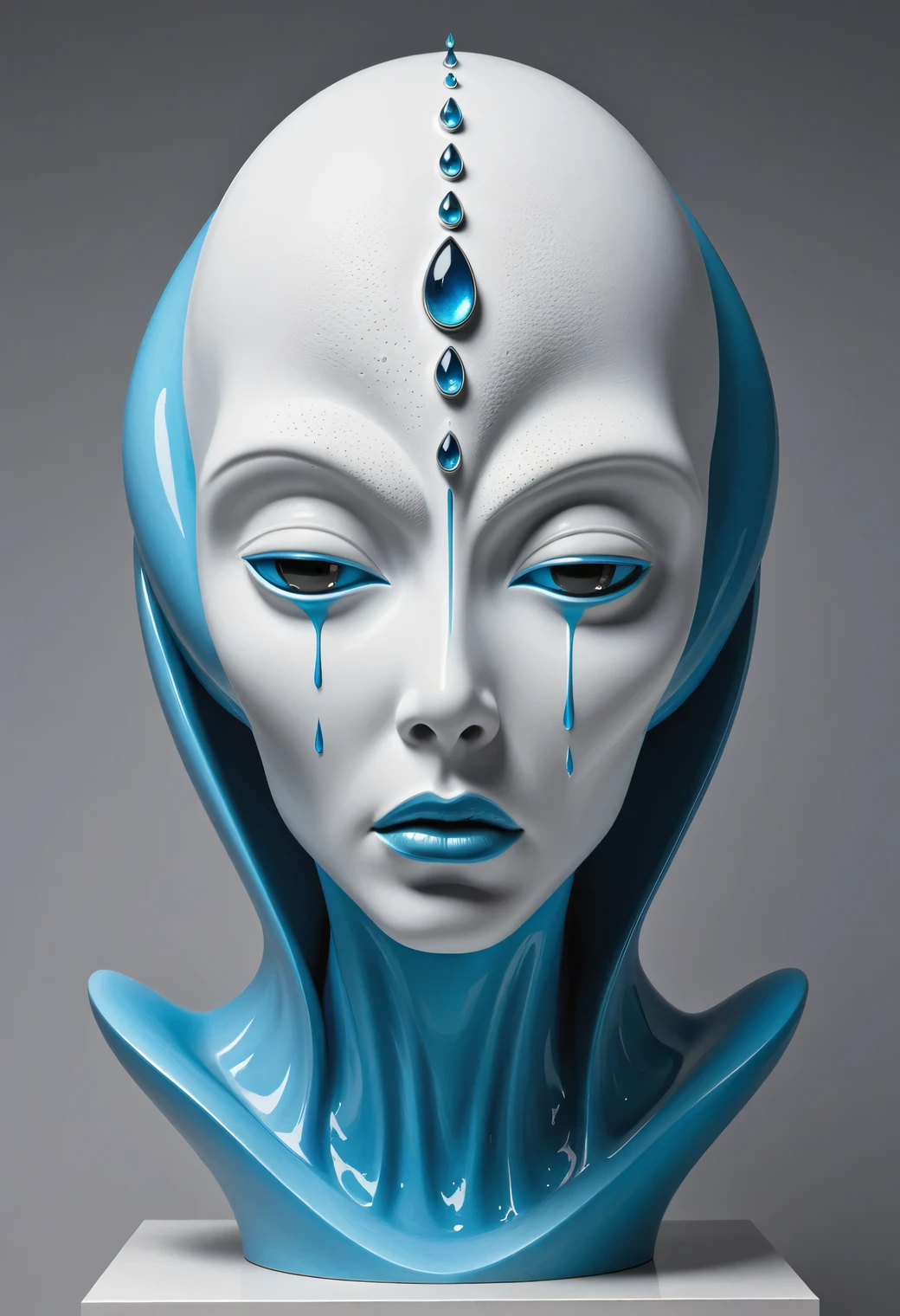 Design of an unusual white plaster sculpture.., the sculpture depicts the face of an alien with an elongated head and very large, sharp eyes, the alien&#39;s eyes are full of tears, alien crying, tears flow down his cheeks in azure streams and drops, Modern Art, A high resolution, crying and tears, plaster and silver,