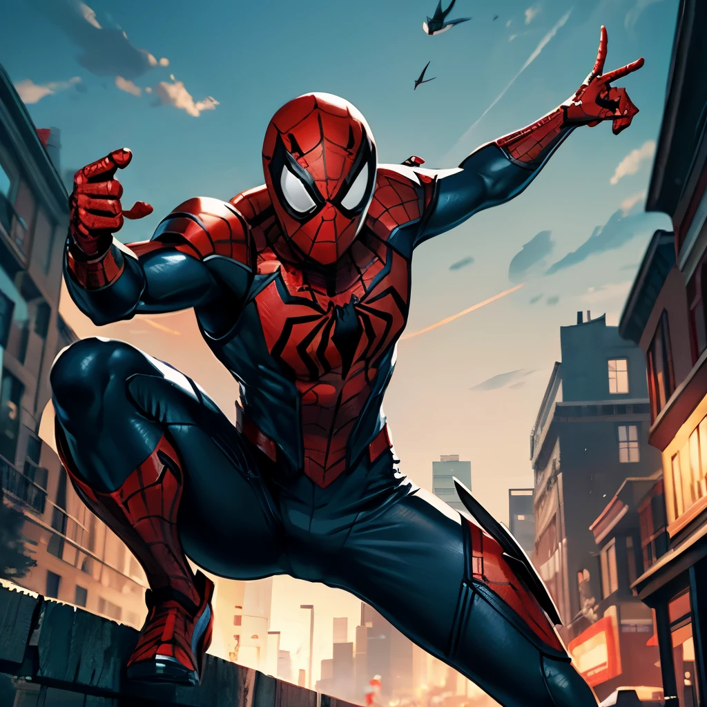 Red and black armored suited spider man, action pose