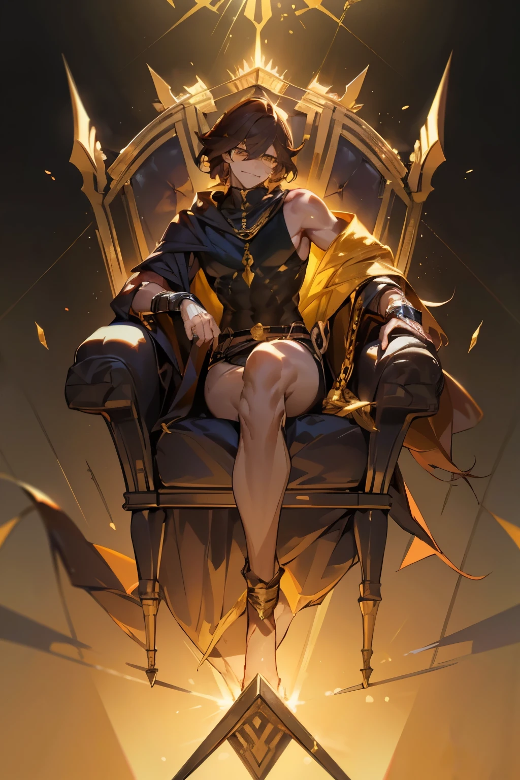 1 male, male character, handsome man, mature hot man, fate grand order, Create a landscape artwork featuring Ozymandias from Fate/Grand Order sitting on his throne, basking in the golden sunlight. Render him from a bottom to top perspective, looking down at you condescendingly, golden chain around his neck shaped like a long rope, side view, black mock neck tank top, The dynamic lighting should emphasize the warmth of the setting, the glow of the roayl egyptian palace. tan skin, dark brown hair with 3 point bangs, ahegao, hair is relatrively long for a man, yellow eyes, complex background