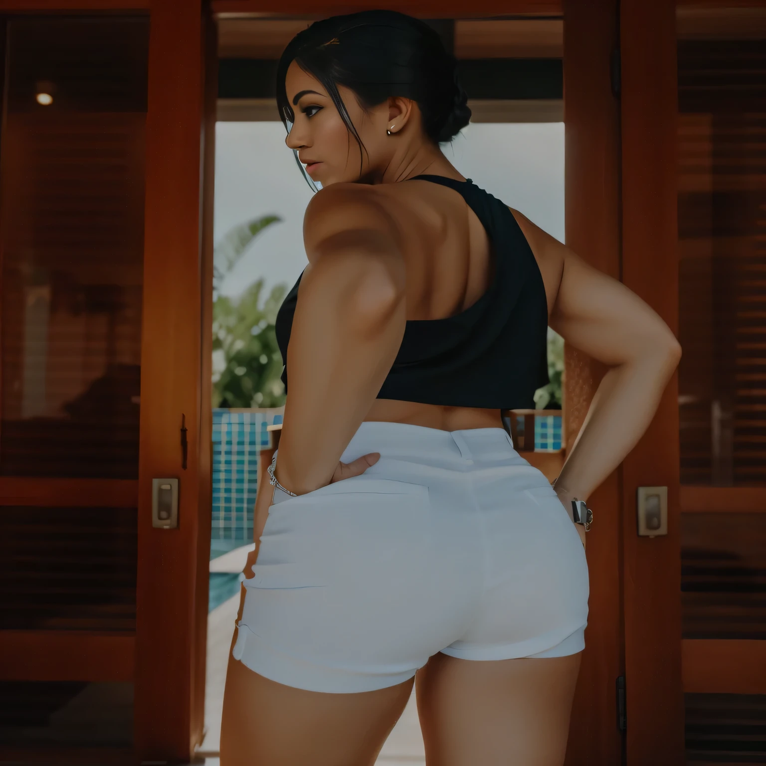 tem uma mulher de blusa preta e short branco, vista from behind, vista from behind, de volta - tiro, view from behind, tiro traseiro, Rear view, tiro pelas costas, linda mulher, corpo perfeito, pernas bem torneadas,, Rear view, vista lateral, foto from behind, coisas grossas, vista de lado, vista from behind, from behind, foto lateral, there is a woman in blue shorts playing video games, Pose de costas. foto de corpo inteiro, claro photo, alta qualidade, high resolution, obra de arte, 8k. apta. foto de corpo inteiro, claro, alta qualidade, high resolution, obra de arte, 8k.