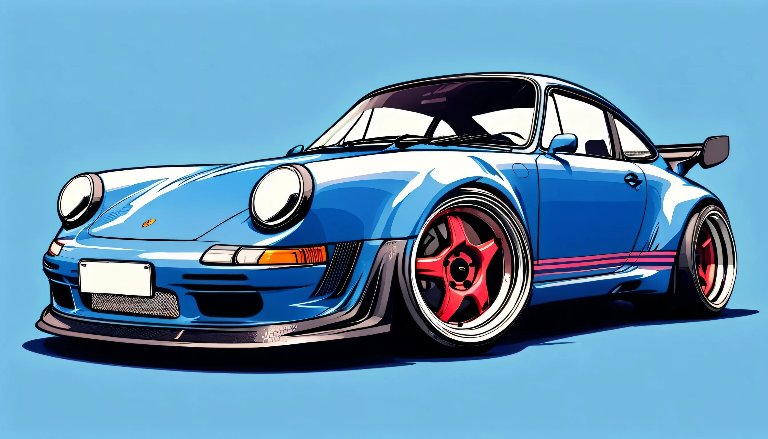 navy blue Porsche 911 rwb, pop art, cartoonish style , sketch, detailed illustration, large wheels, wide bodykit