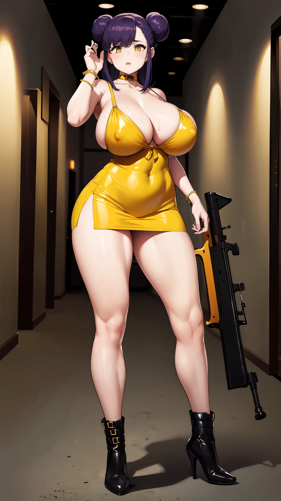 Slime girl, (slime), Slime hair Double buns hair style, Pumpkin Orange, weapon belt, Masterpiece, Best Quality, gigantic breasts, slime girl, slime girl, purple hair, lavender hair, yellow clothes, weapon belt around waistline, rifle, long rifle, AR-15 Rifle, assault rifle, exposed yellow bra, yellow clothing, wearing yellow clothing, fully body view, tight yellow dress, Rifle in hand, mature woman, gorgeous, perverted, sexy, yellow dress, exposed chest, exposed bra, exposed breast, black boots/heels, gold bracelets around wrist, holding rifle, aiming with rifle, tactical stance, tactical gear, sweaty body, long legs, tall woman, lustful yellow eyes, yellow lingerie 