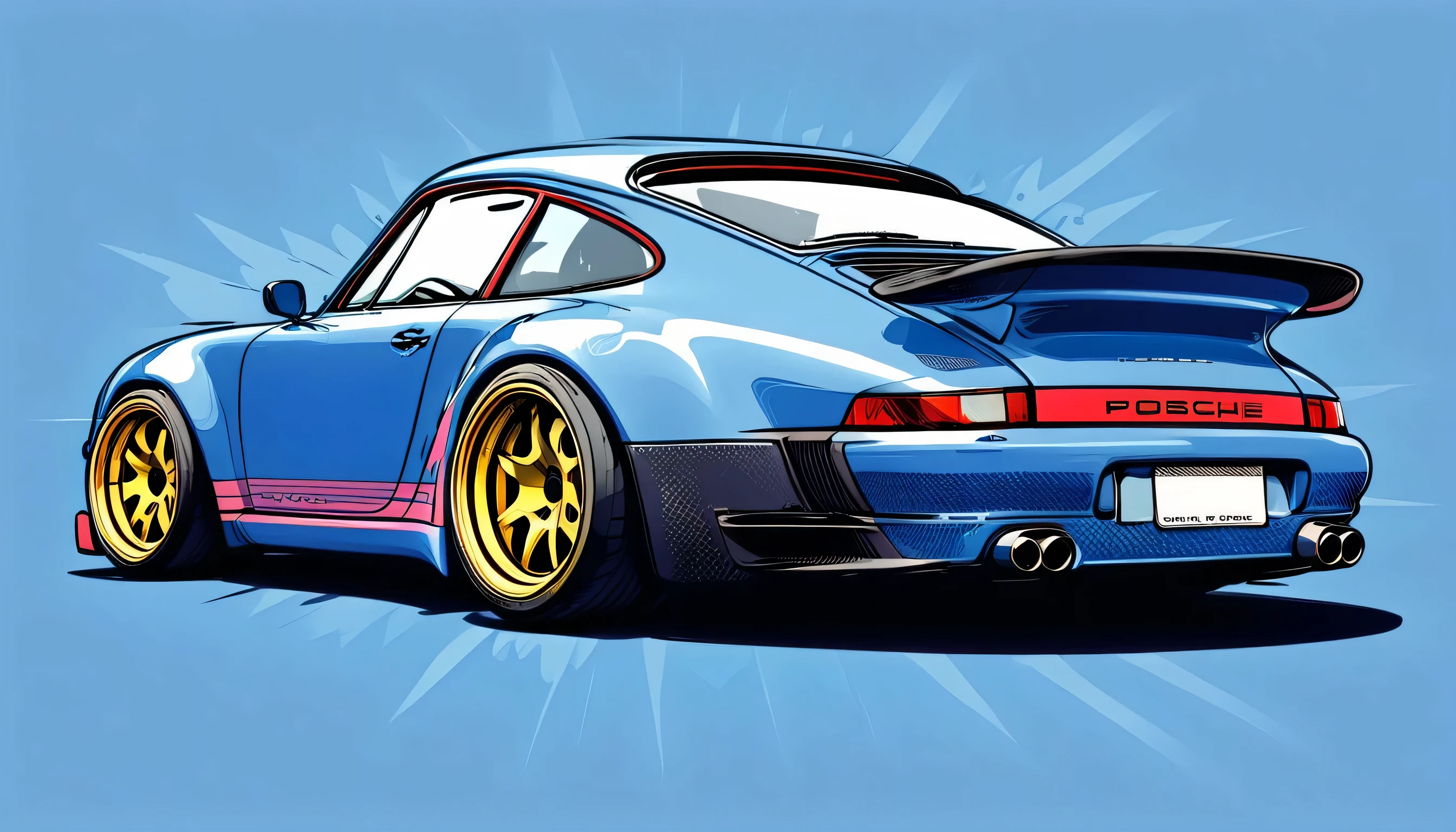 navy blue Porsche 911 rwb, pop art,  cartoonish style , sketch, detailed illustration, large wheels, wide bodykit