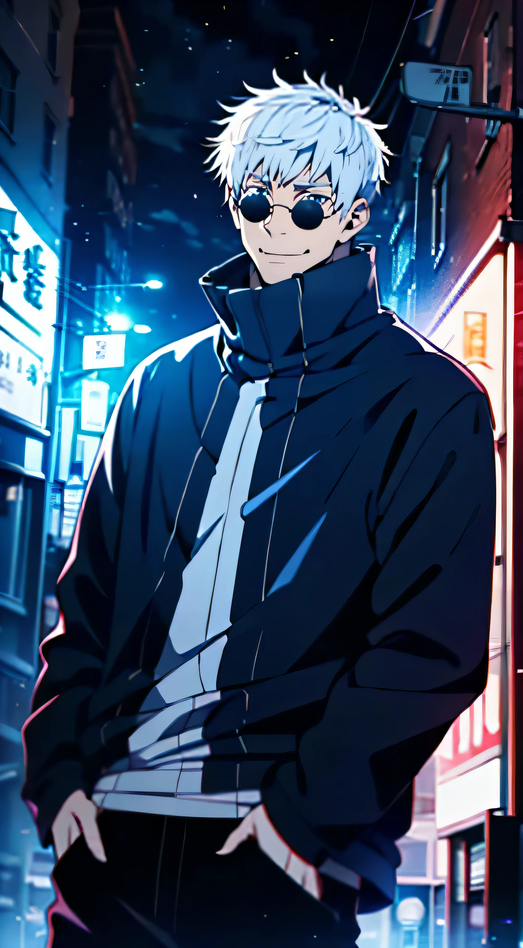 epic composition, city street, Japan, deserted street, the night, flashing in the background, Red and blue color, (tmasterpiece, beste-Qualit: 1.2), male focus, 1boy, Gojo Satoru, round eyewear, Sunglasses, hands in pocket, blindfold, black jacket, (Masterpiece:1.3),(Best Quality:1.2),8K,absurdress,Unity 8K WallPapper,(Extremely detailed:1.3),supreme, hight resolution, Amazing, illustartion, Beautiful studio soft light, Stunningly beautiful, incredibly absurdres, Vivid details, Cinematic lighting, moody lighting, pixiv, Award-winning, Professional, Highly detailed, Gojo1, inform, looking a viewer, Smile, Short hair, 1boy, Standing, jacket, white colored hair, male focus,spiked hair, facing viewer, (red background:1.1), high collar, blindfold, (Magic:1.3), (aura:1.3),
