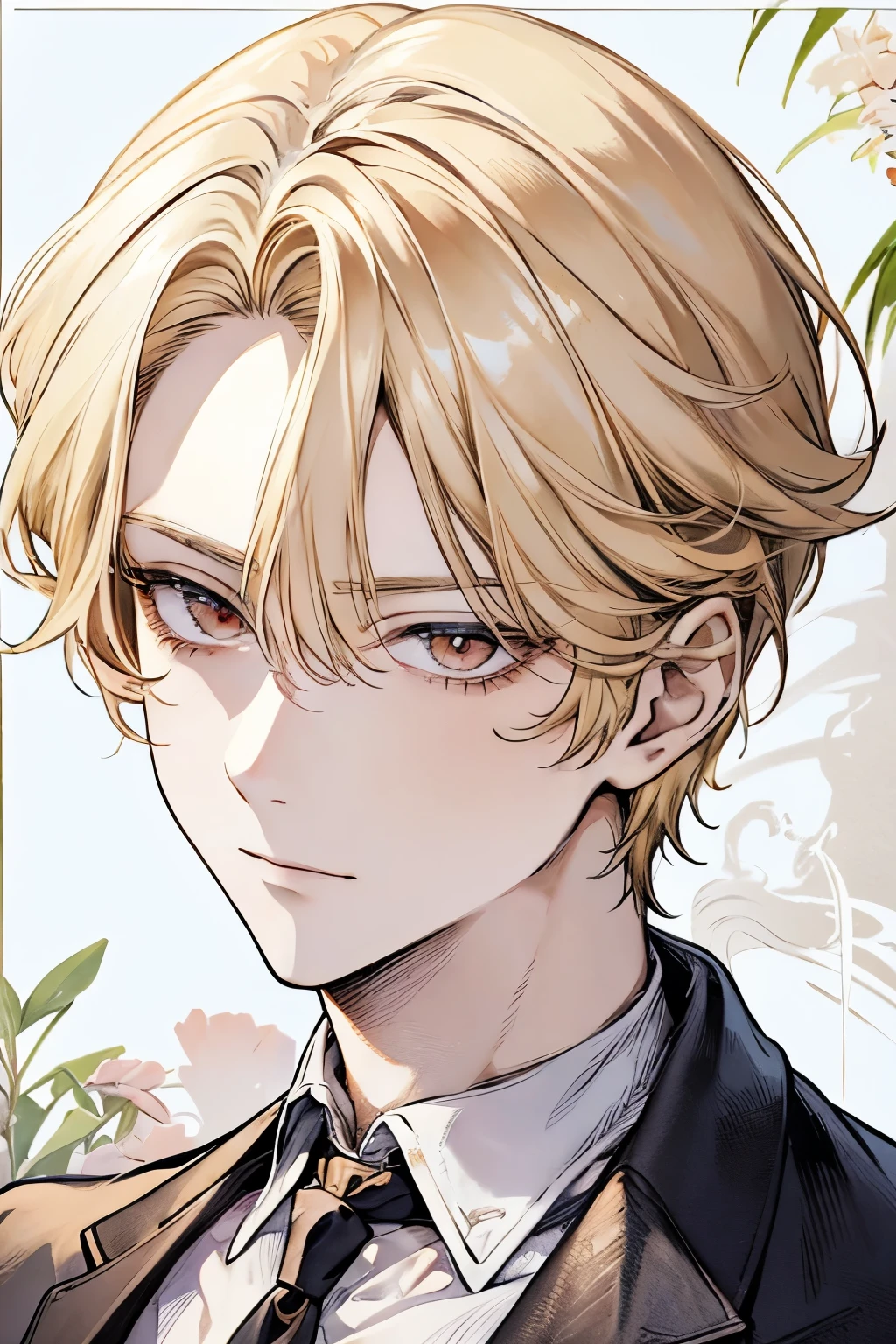 anime drawing of a man with blonde hair and a red eye, handsome anime pose, clean anime outlines, praying posture, side part bangs, medium hair length, anime portrait of a handsome man, male anime style, smirk facial