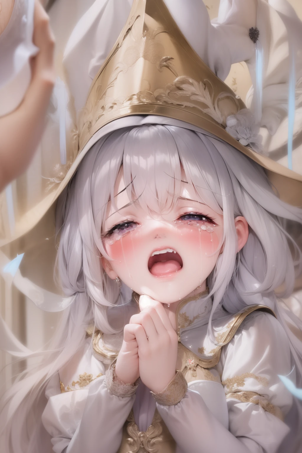 (masterpiece, best quality, ultra-detailed, highres, best illustration), 1girl,mature woman， beautiful ,crying tears of joy, happy (tears, crying:1.2), smile, hmdmg1, wizard hat, blush, blush stickers, An expression full of despair and extreme fear，And cry loudly，Upper body focus，Face focus