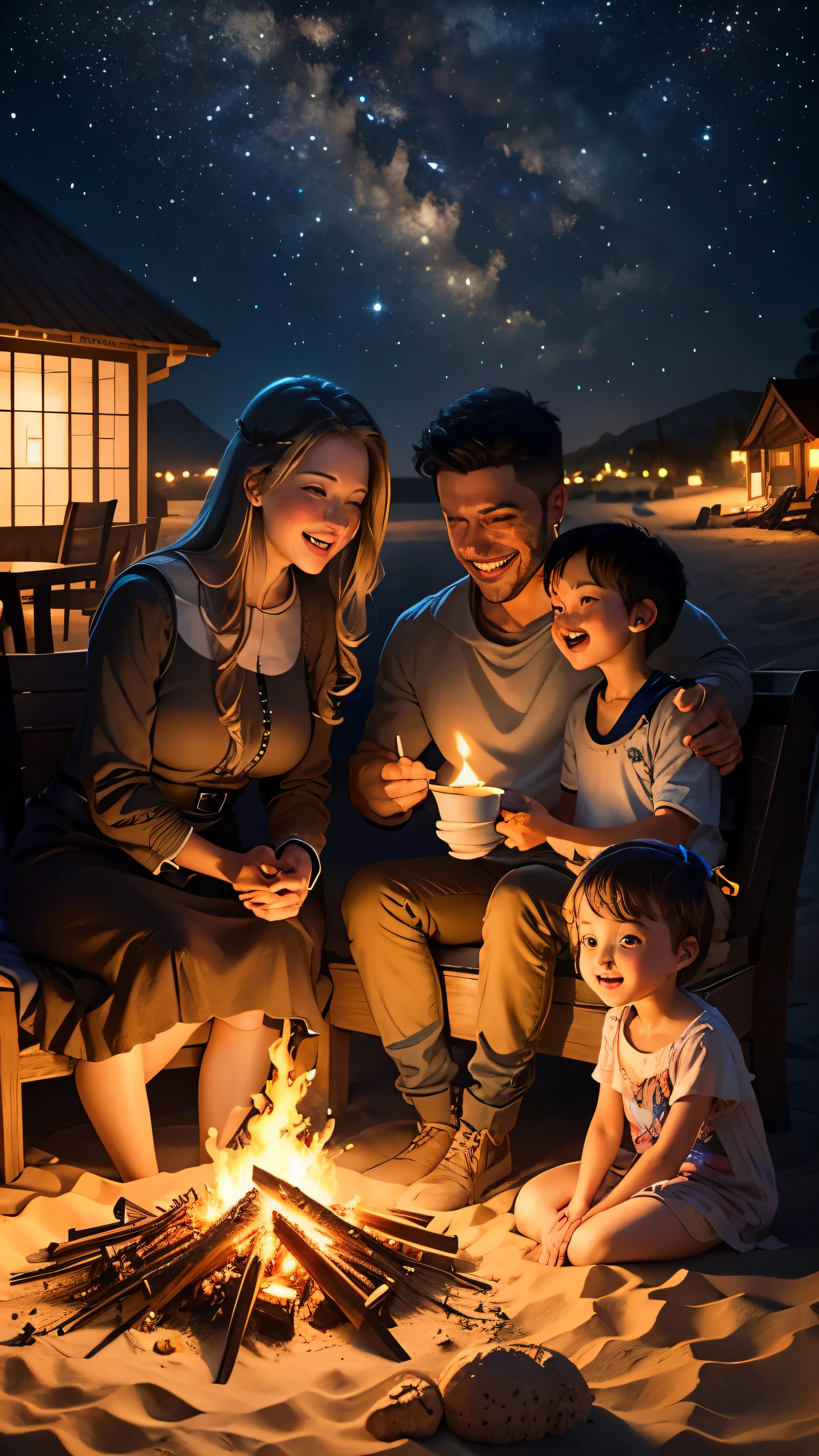 Parents and children gather around a bonfire、eat roasted marshmallows.、smile、like、smile,
background:Sandy beach at night,starry night
(full shot)

"(setting):(highest quality),(masterpiece),(be familiar with),(ultra be familiar with),(insanely be familiar with),(super high quality),(highly be familiar with),(Full HD)"
