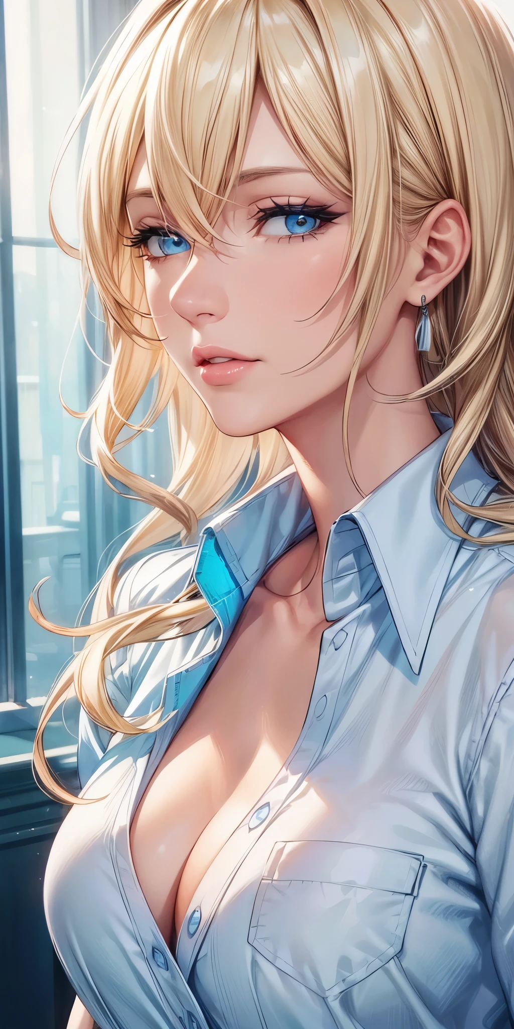 (best quality, highres, realistic), portrait, Elegant mature woman, blue eyes, long hair, swept-side bang, blonde, big breast, high resolution cg 8k, beautiful cg, soft light