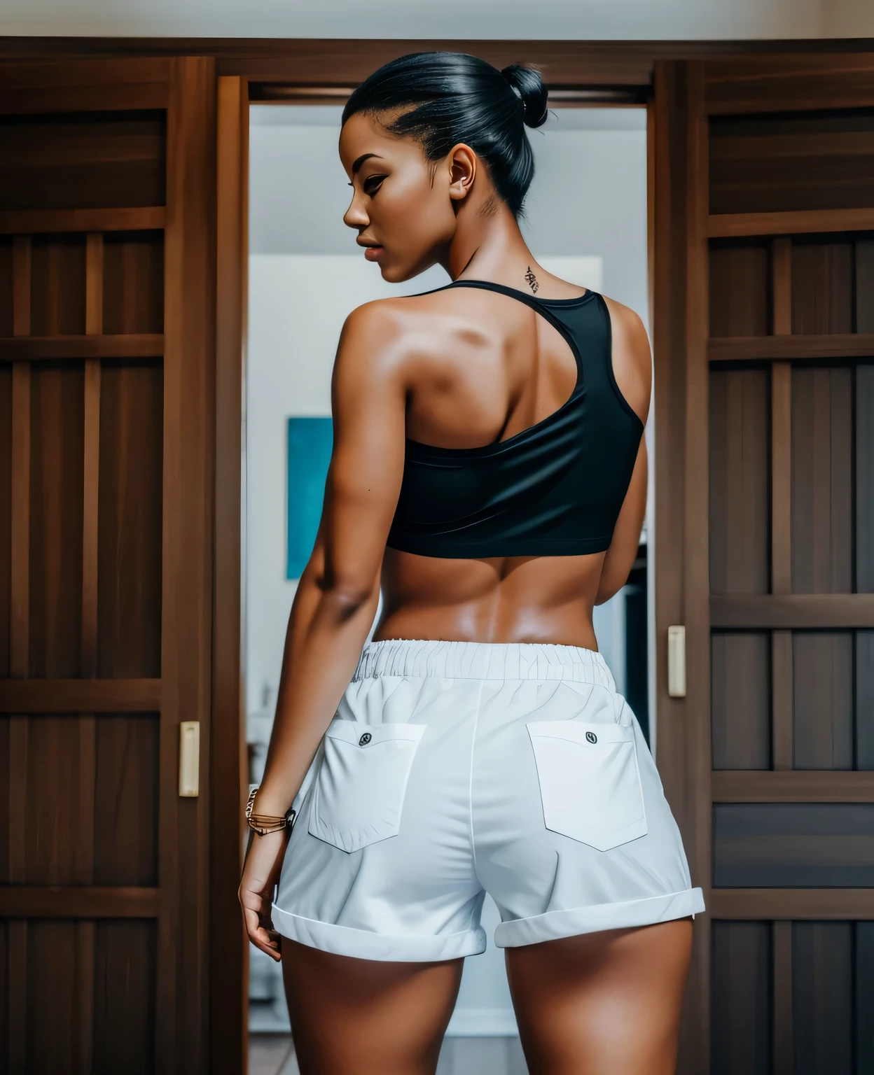 tem uma mulher de blusa preta e short branco, vista from behind, vista from behind, de volta - tiro, view from behind, tiro traseiro, Rear view, tiro pelas costas, linda mulher, corpo perfeito, pernas bem torneadas,, Rear view, vista lateral, foto from behind, coisas grossas, vista de lado, vista from behind, from behind, foto lateral, there is a woman in blue shorts playing video games, Pose de costas. foto de corpo inteiro, claro photo, alta qualidade, high resolution, obra de arte, 8k. apta. foto de corpo inteiro, claro, alta qualidade, high resolution, obra de arte, 8k.