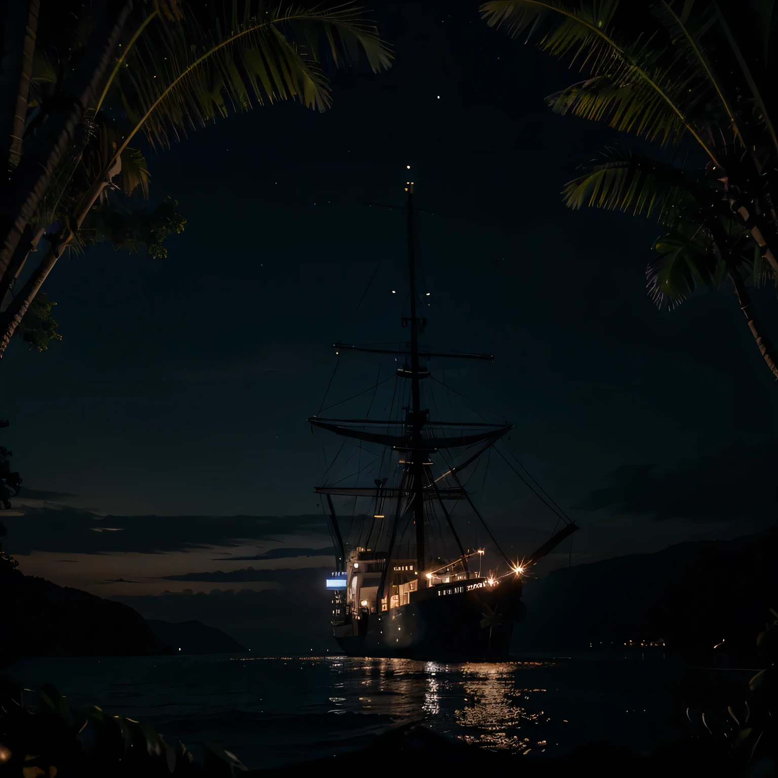 A ship at night sailing on the dark sea behind a black jungle 
